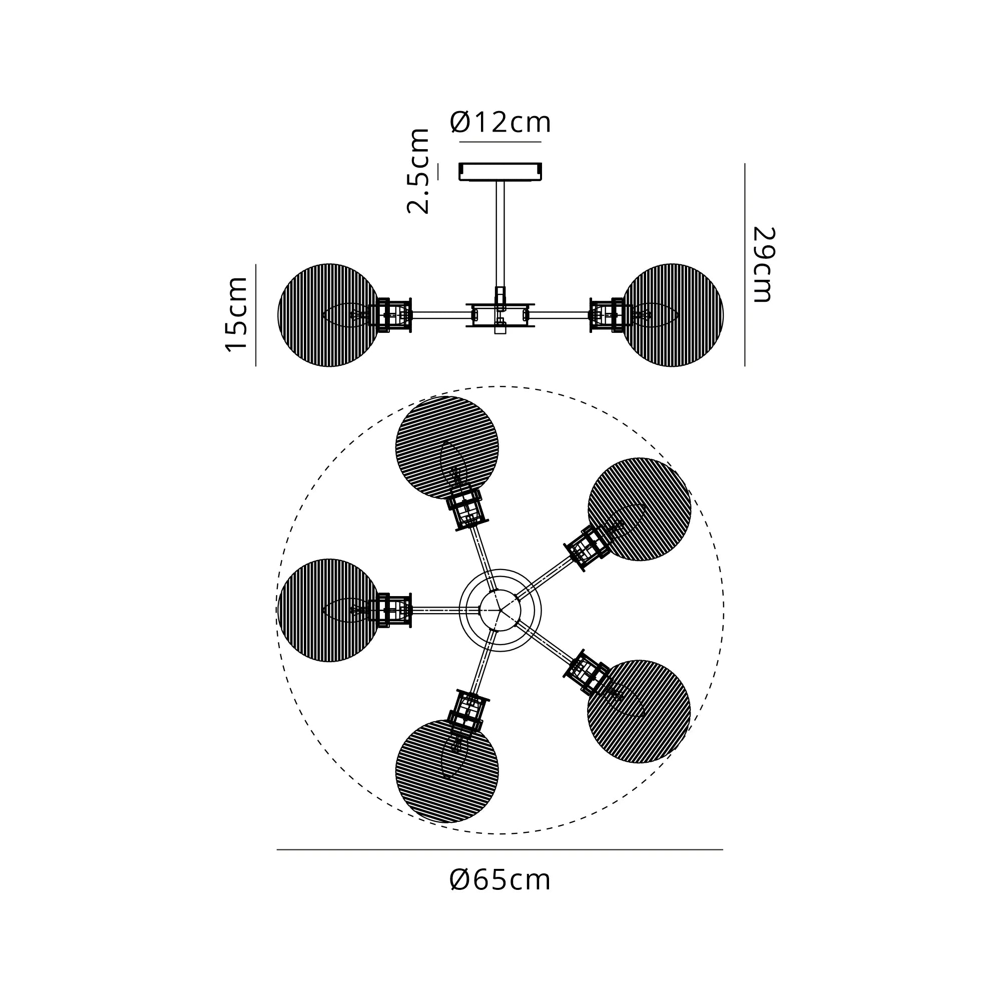 Sycamore Semi Ceiliing 5 Light with 15cm Round Ribbed Glass Shade - Satin Nickel, Clear & Satin Black