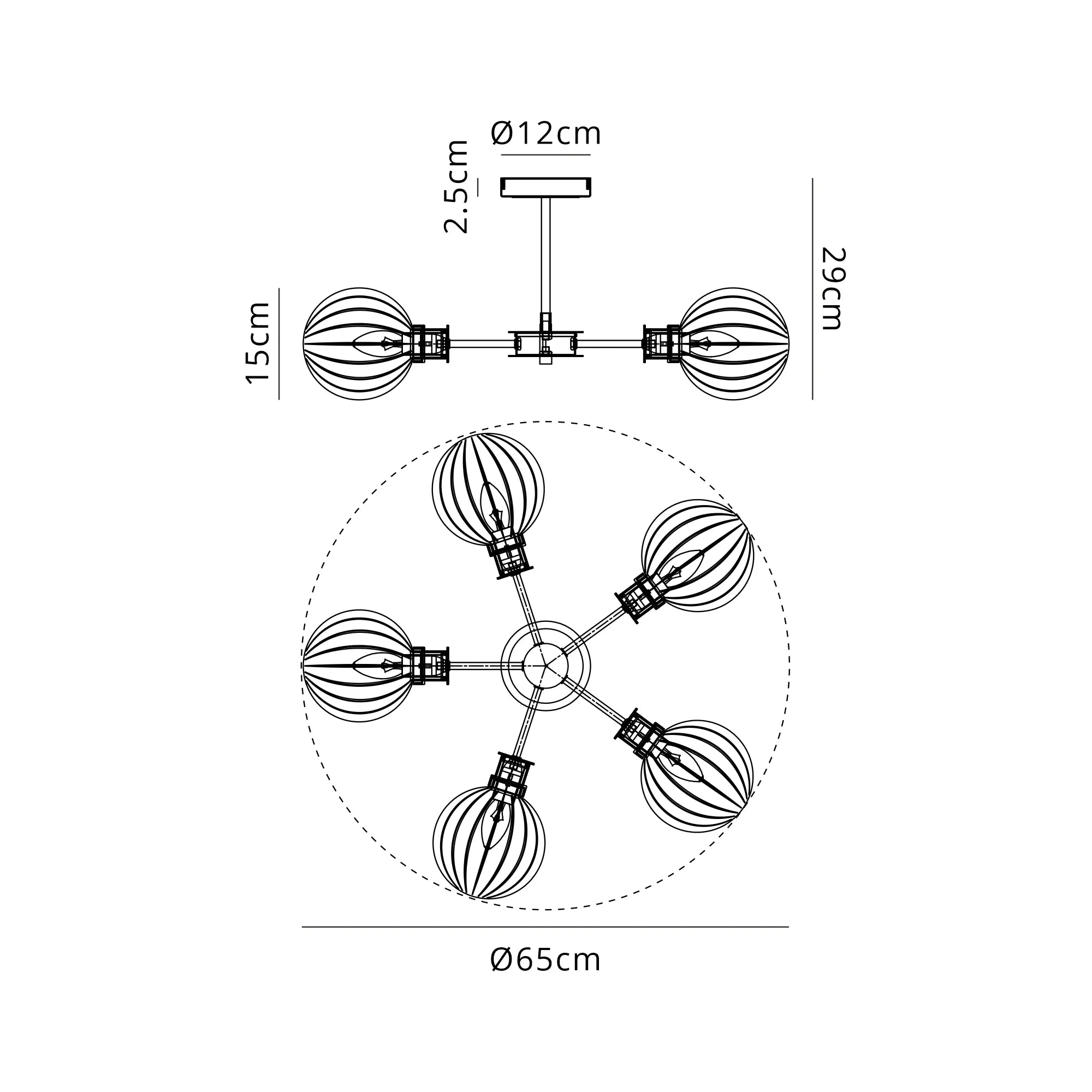 Sycamore Semi Ceiliing 5 Light with 15cm Round Segment Glass Shade - Satin Nickel, Clear & Satin Black