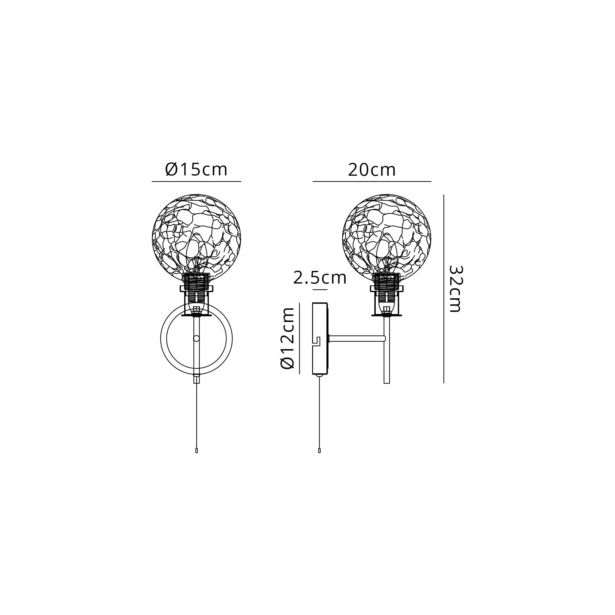 Sycamore Switched Wall Light with 15cm Round Crackled Glass Shade - Brass, Clear & Satin Black