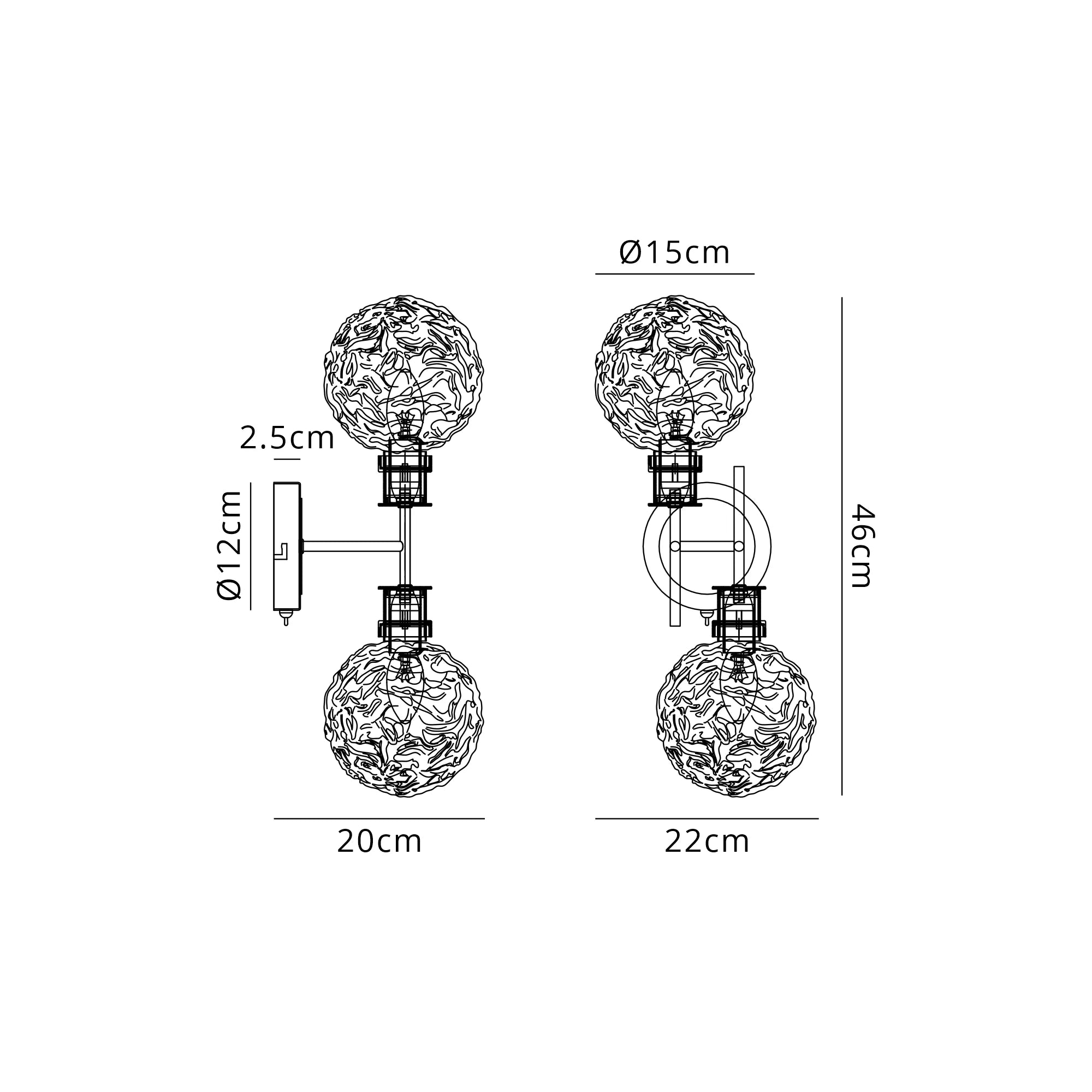 Sycamore Switched Wall Light 2 Light with 15cm Round Textured Crumple Glass Shade - Brass, Clear & Satin Black