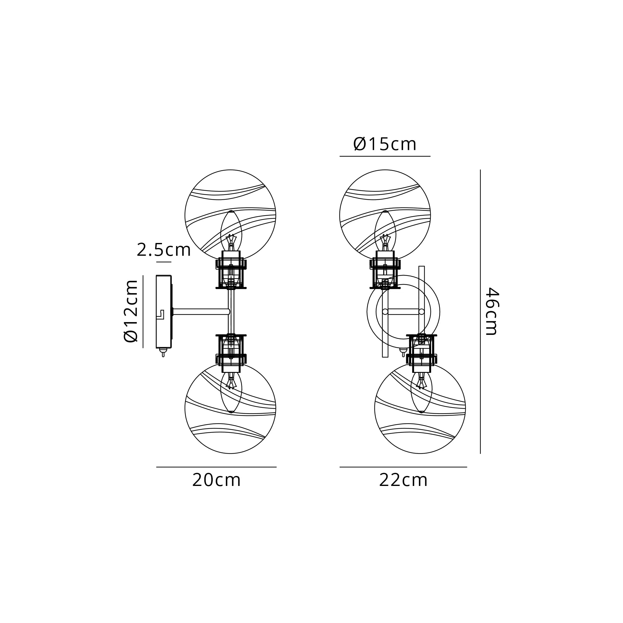 Sycamore Switched Wall Light 2 Light with 15cm Round Marble Effect Glass Shade - Brass, White & Satin Black