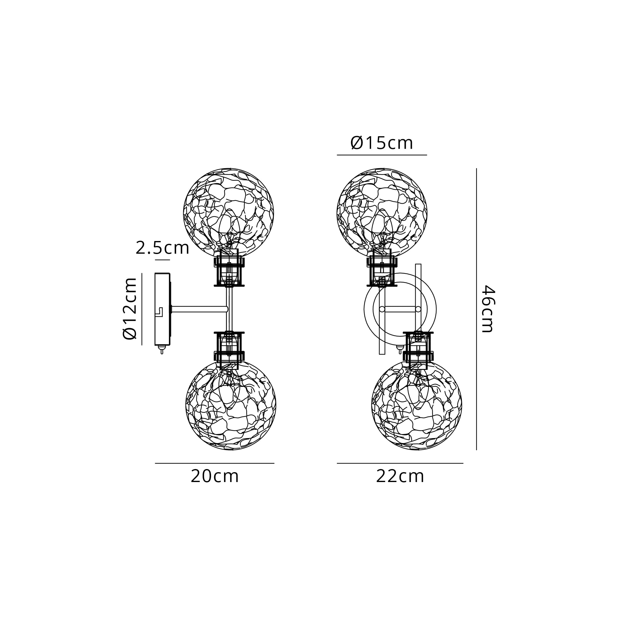 Sycamore Switched Wall Light 2 Light with 15cm Round Crackled Glass Shade - Satin Nickel, Clear & Satin Black