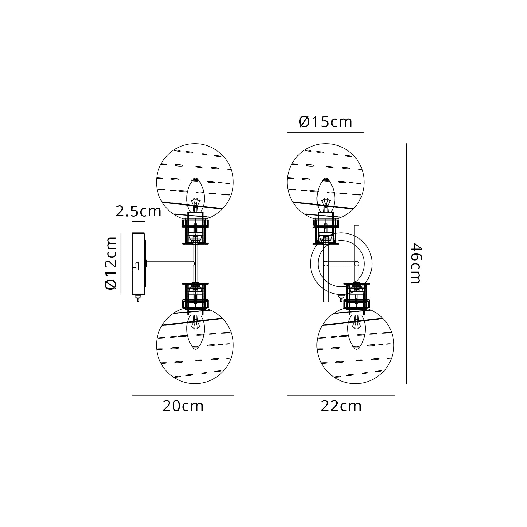 Sycamore Switched Wall Light 2 Light with 15cm Round Textured Melting Glass Shade - Satin Nickel, Clear & Satin Black