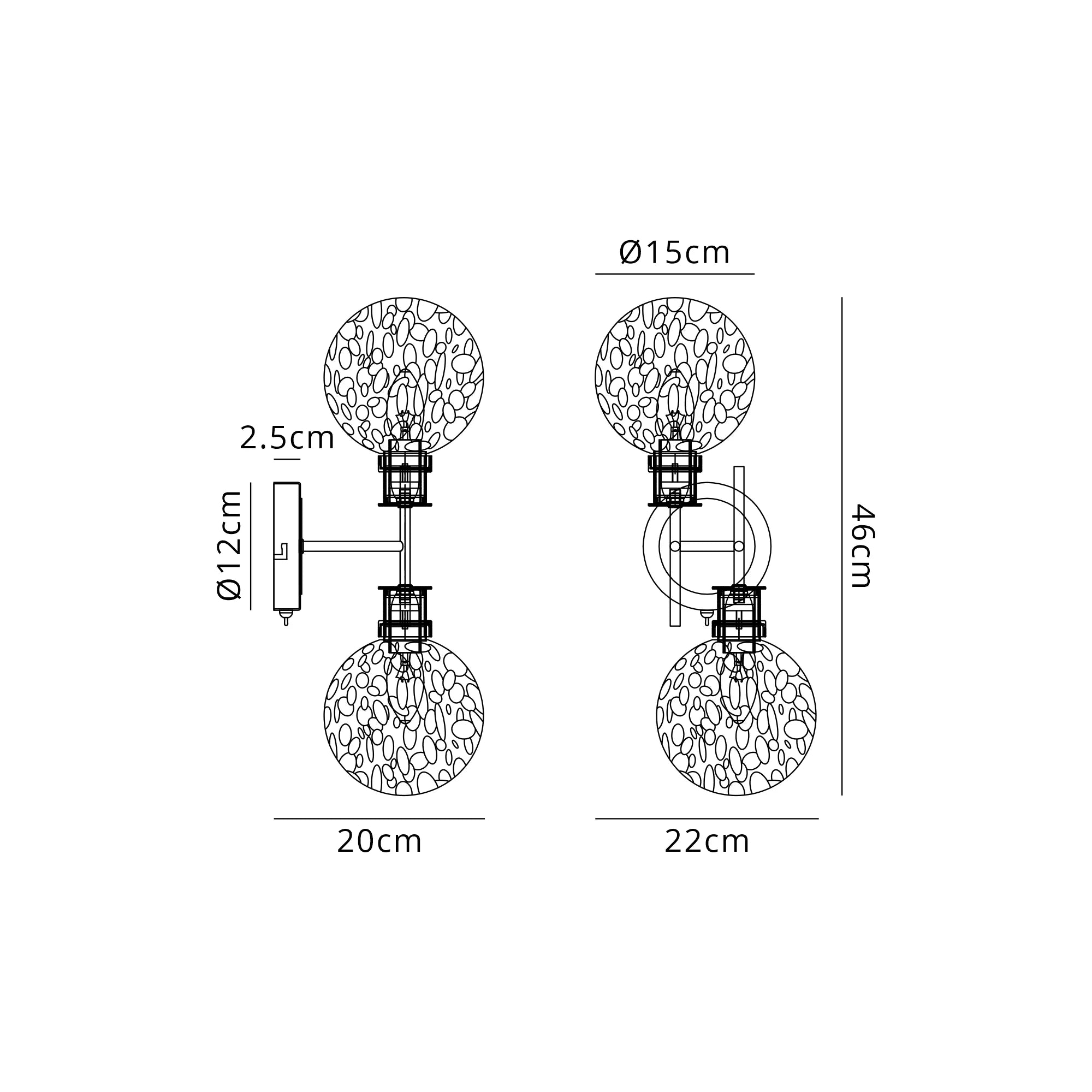 Sycamore Switched Wall Light 2 Light with 15cm Round Speckled Glass Shade - Satin Nickel, White & Satin Black