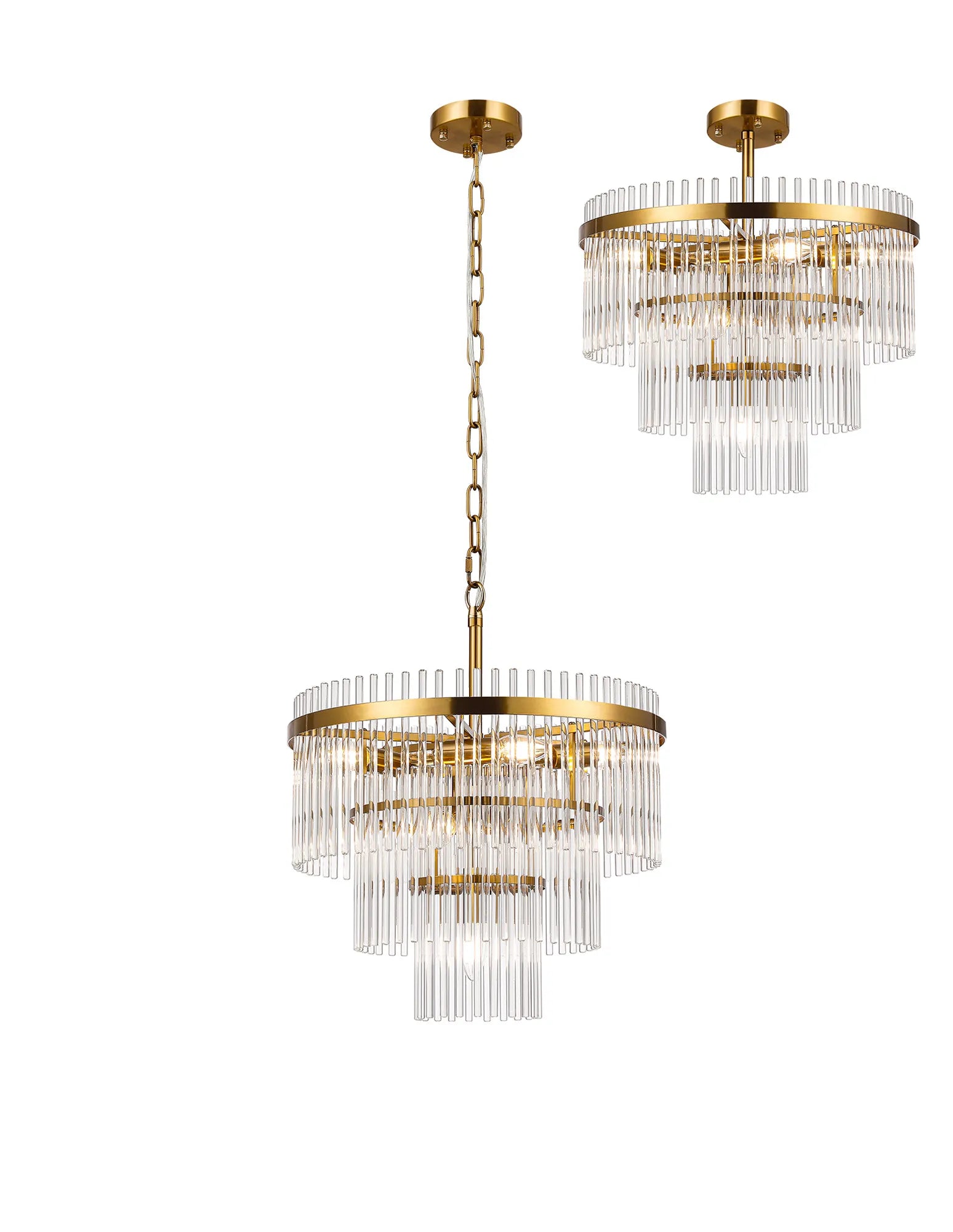 Robin 45cm Pendant & Semi Ceiling 7 Light - Brass & Clear Glass Rods