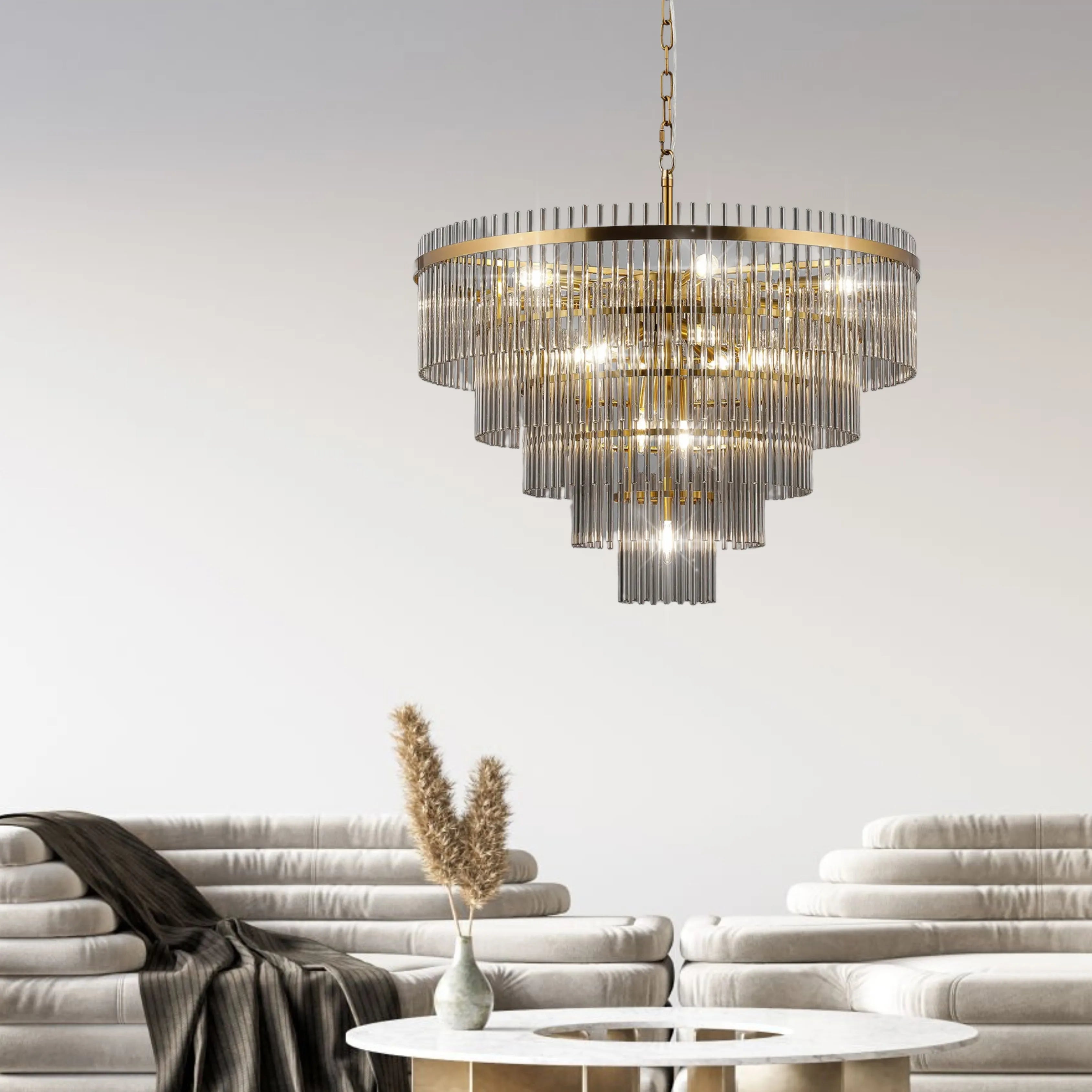 Robin 77cm Pendant & Semi Ceiling 15 Light - Brass & Smoke Glass Rods
