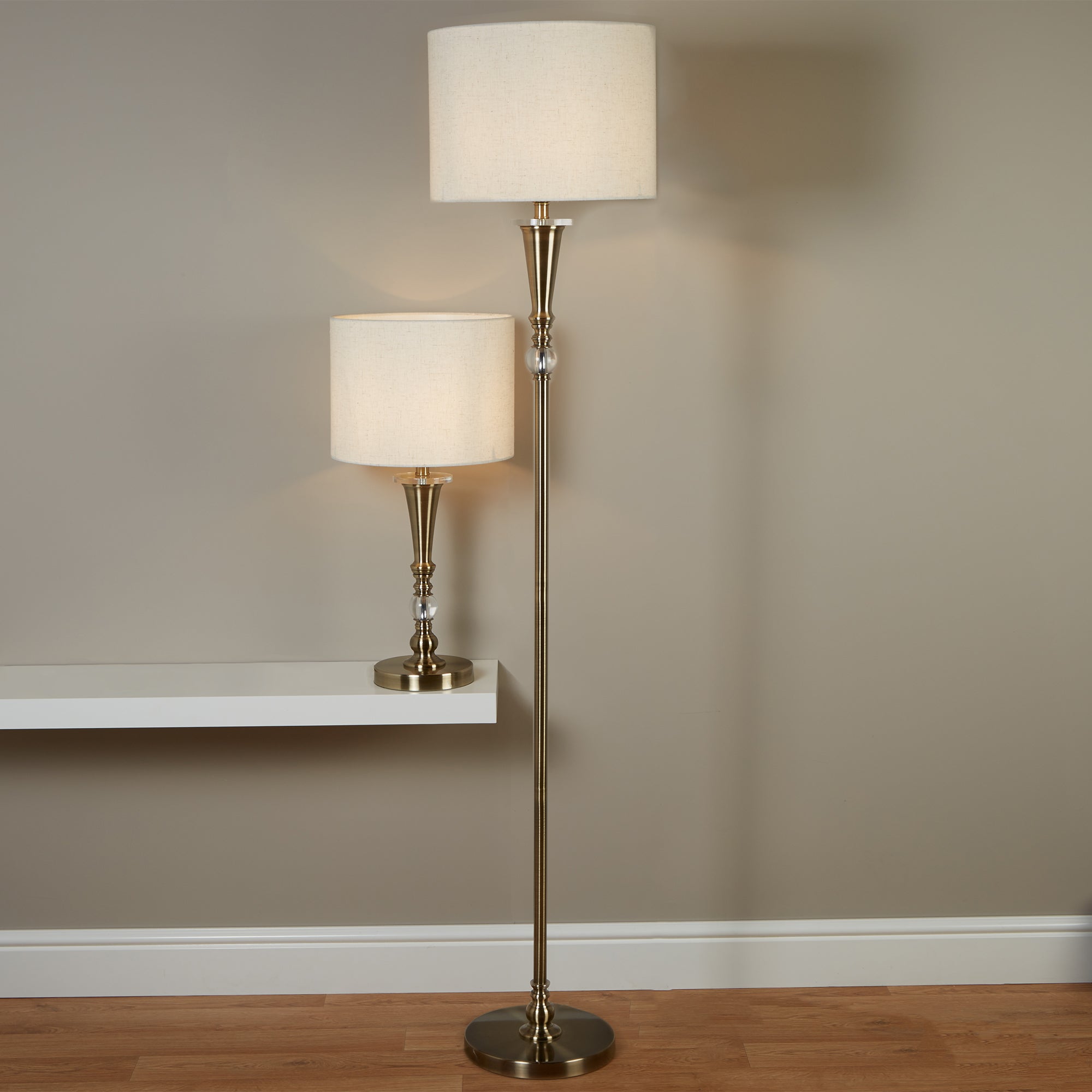 Searchlight Ormond Single Floor Lamp, Antique Brass, Linen Shade