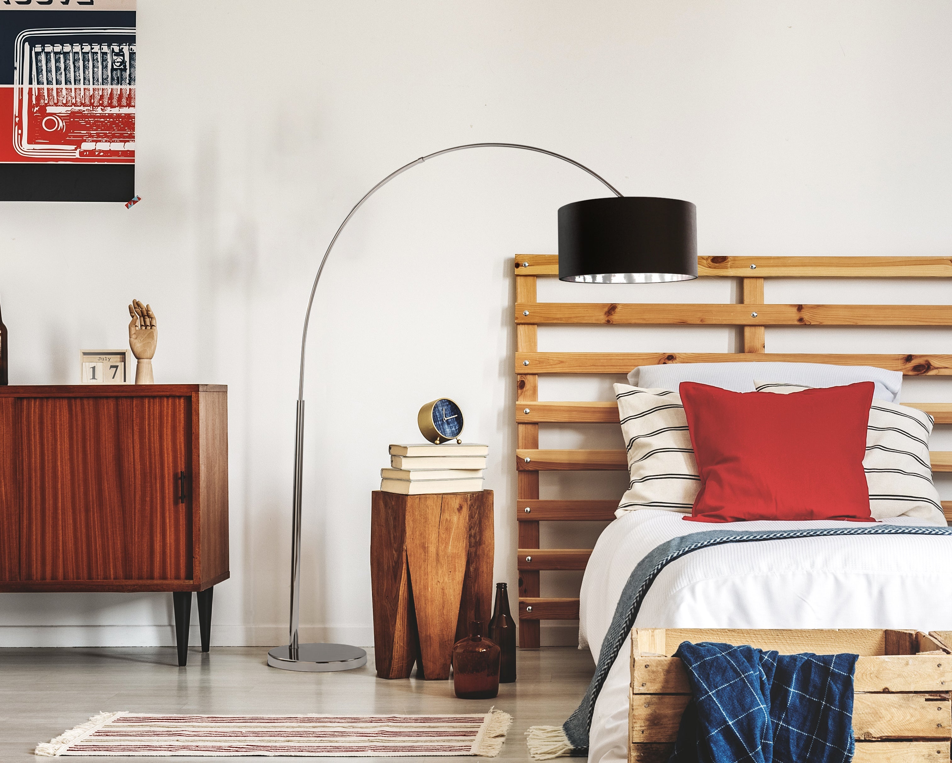 Searchlight Anson Floor Lamp - Chrome/Black Shade Silver Liner