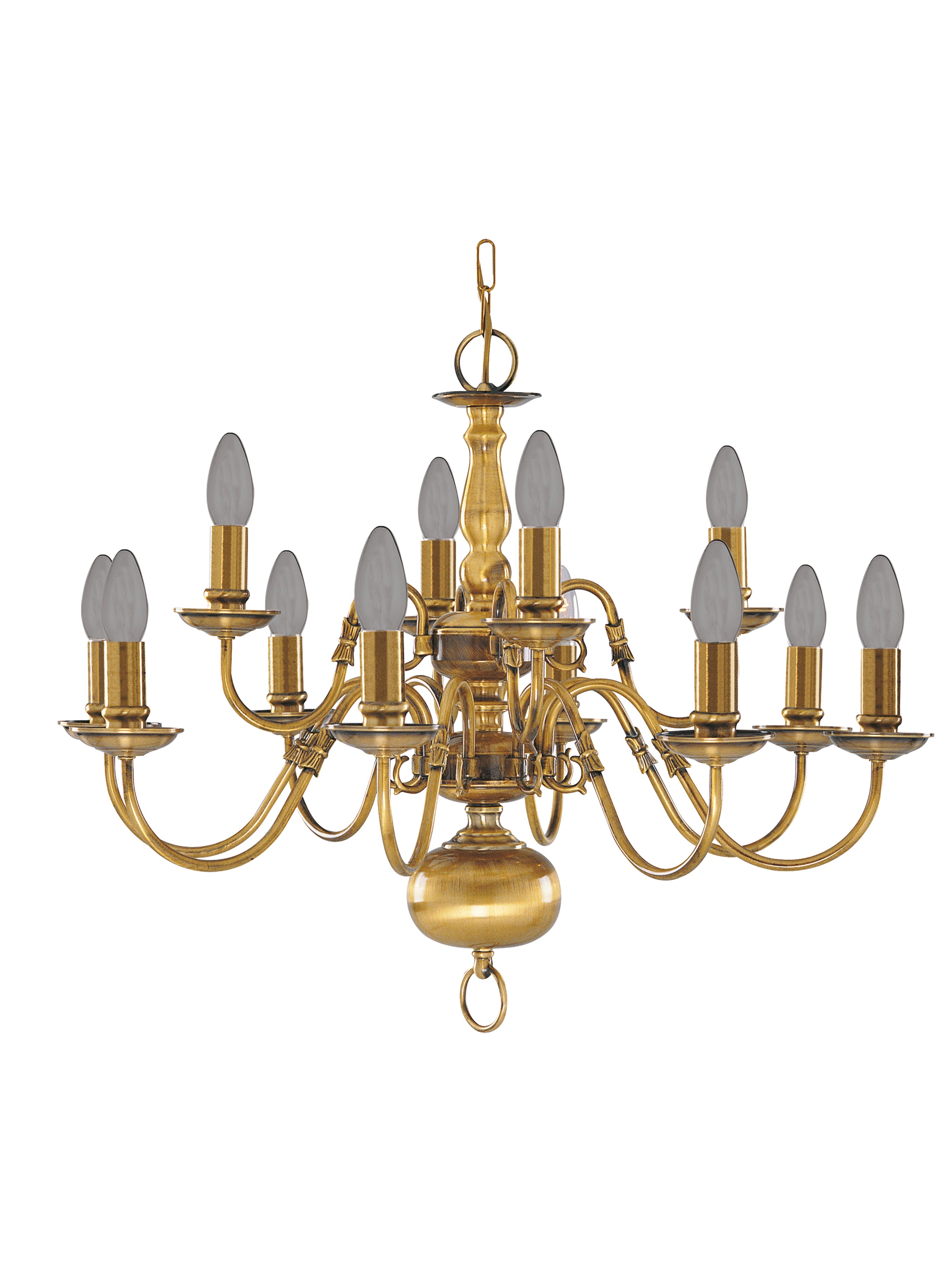 Searchlight Fearnside Solid Antique Brass 12 Light Chandelier With Metal Candle Covers