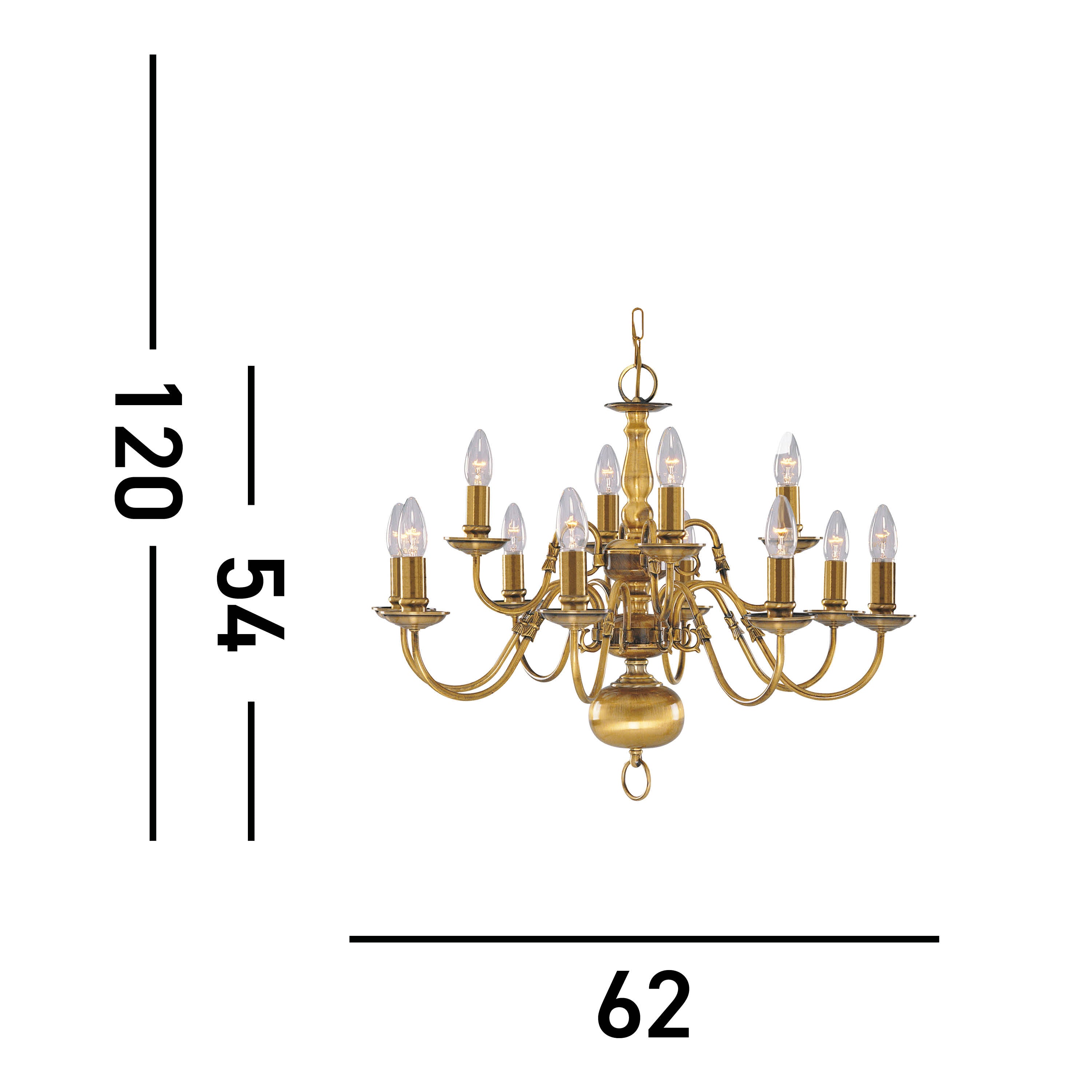 Searchlight Fearnside Solid Antique Brass 12 Light Chandelier With Metal Candle Covers