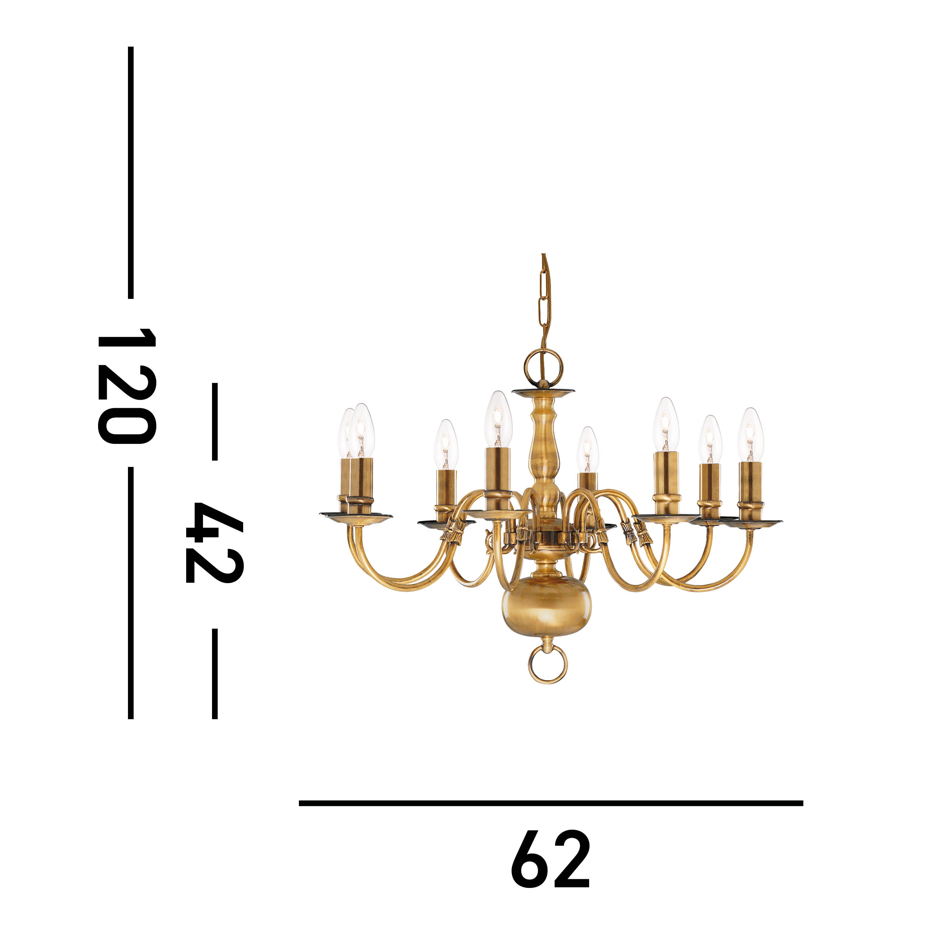 Searchlight Fearnside Solid Antique Brass 8 Light Chandelier With Metal Candle Covers