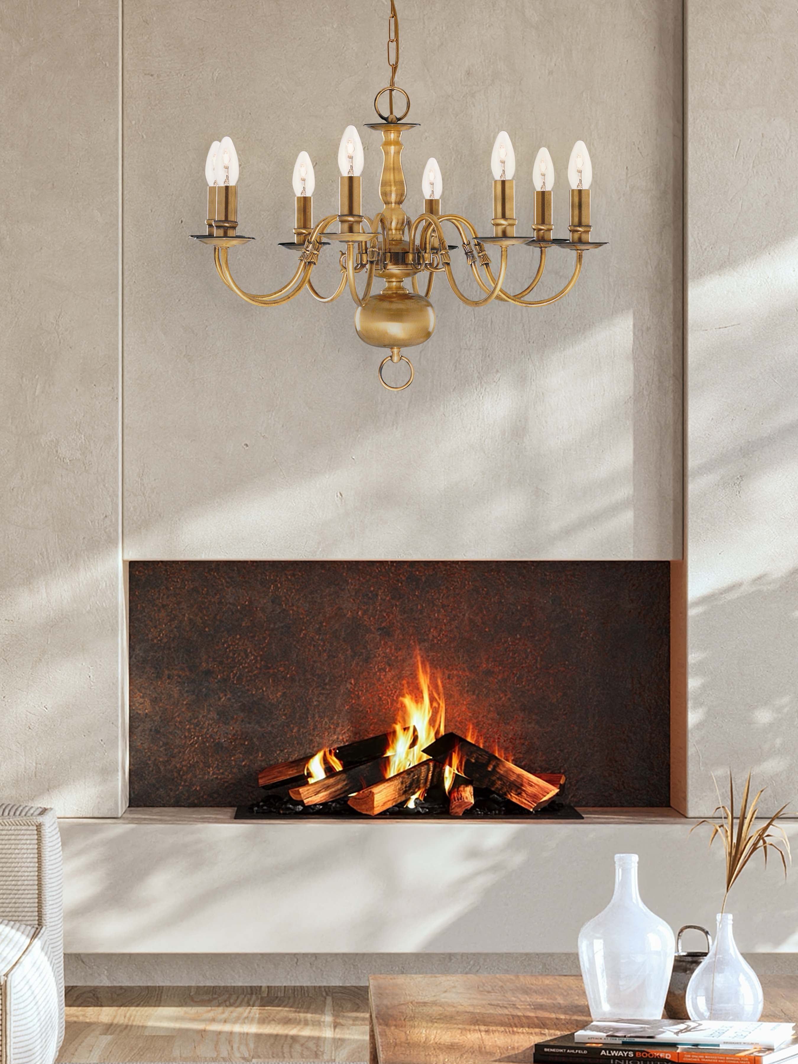 Searchlight Fearnside Solid Antique Brass 8 Light Chandelier With Metal Candle Covers