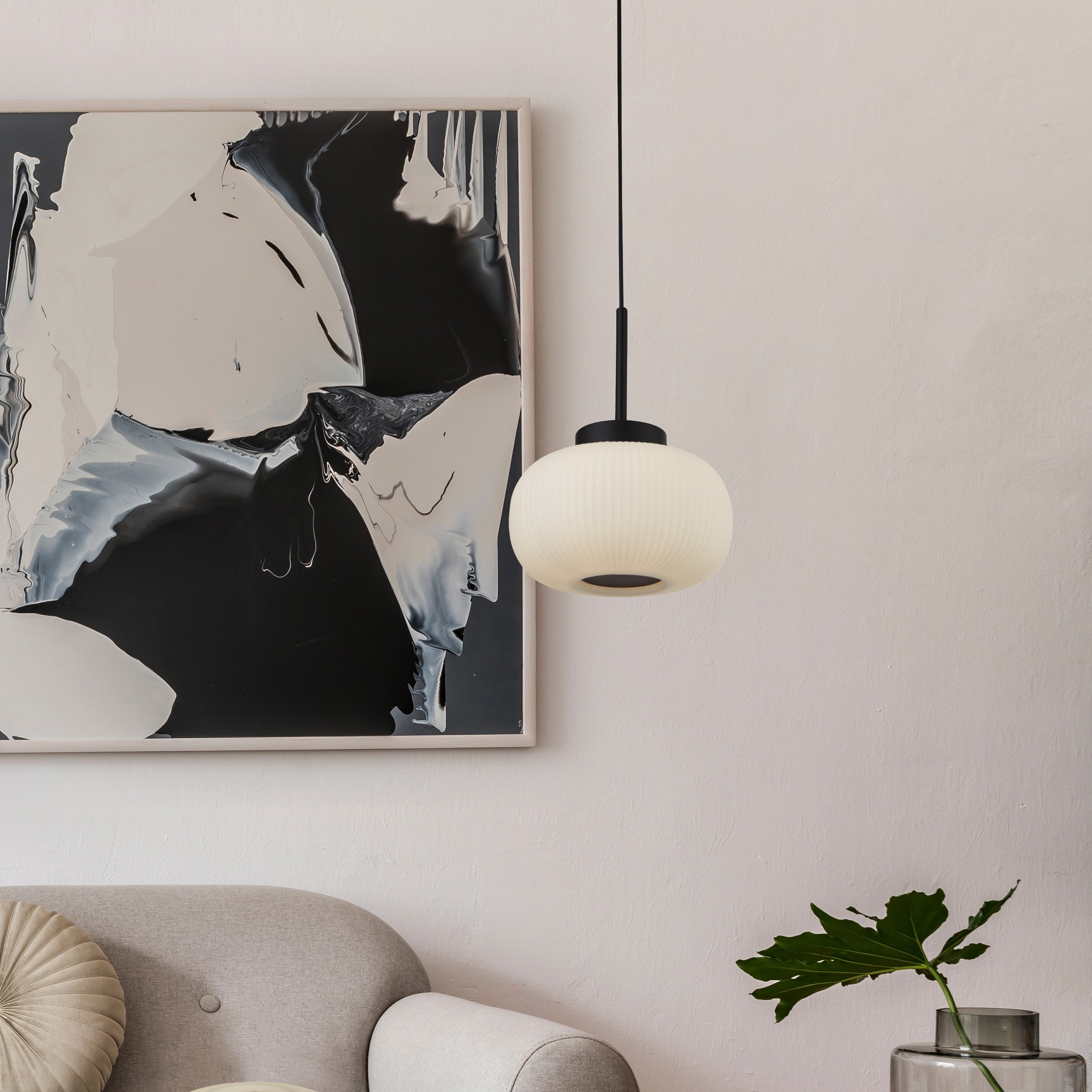 Searchlight Leopold Ceiling Pendant - Matt Black & Frosted Ribbed Glass