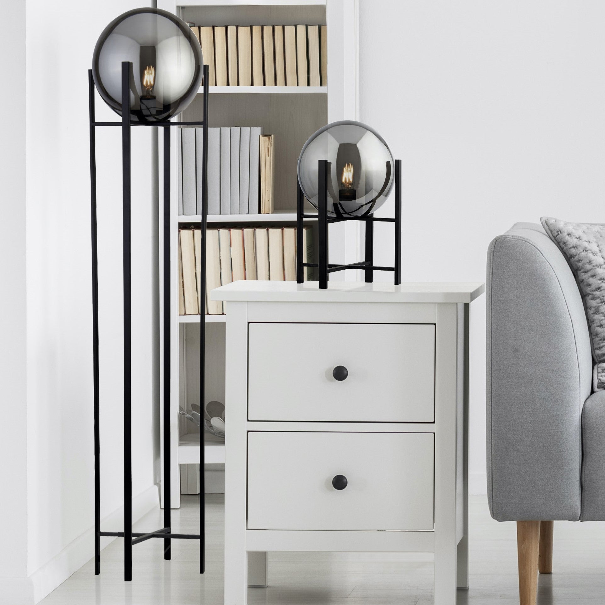 Searchlight Alma Floor Lamp - Matt Black & Smoked Glass