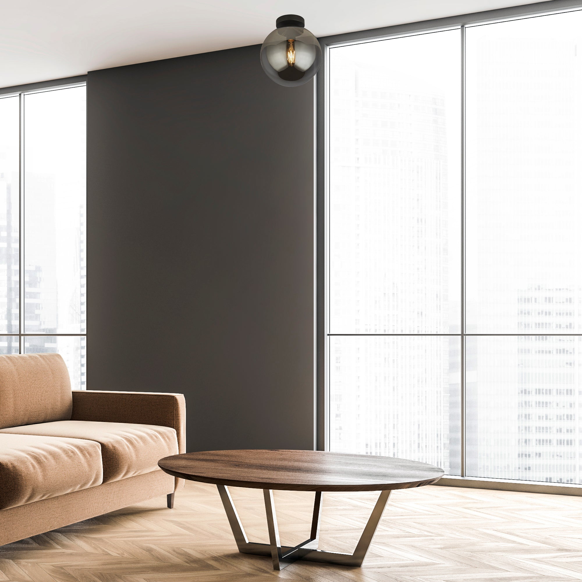 Searchlight Alma Flush Ceiling Light - Matt Black & Smoked Glass