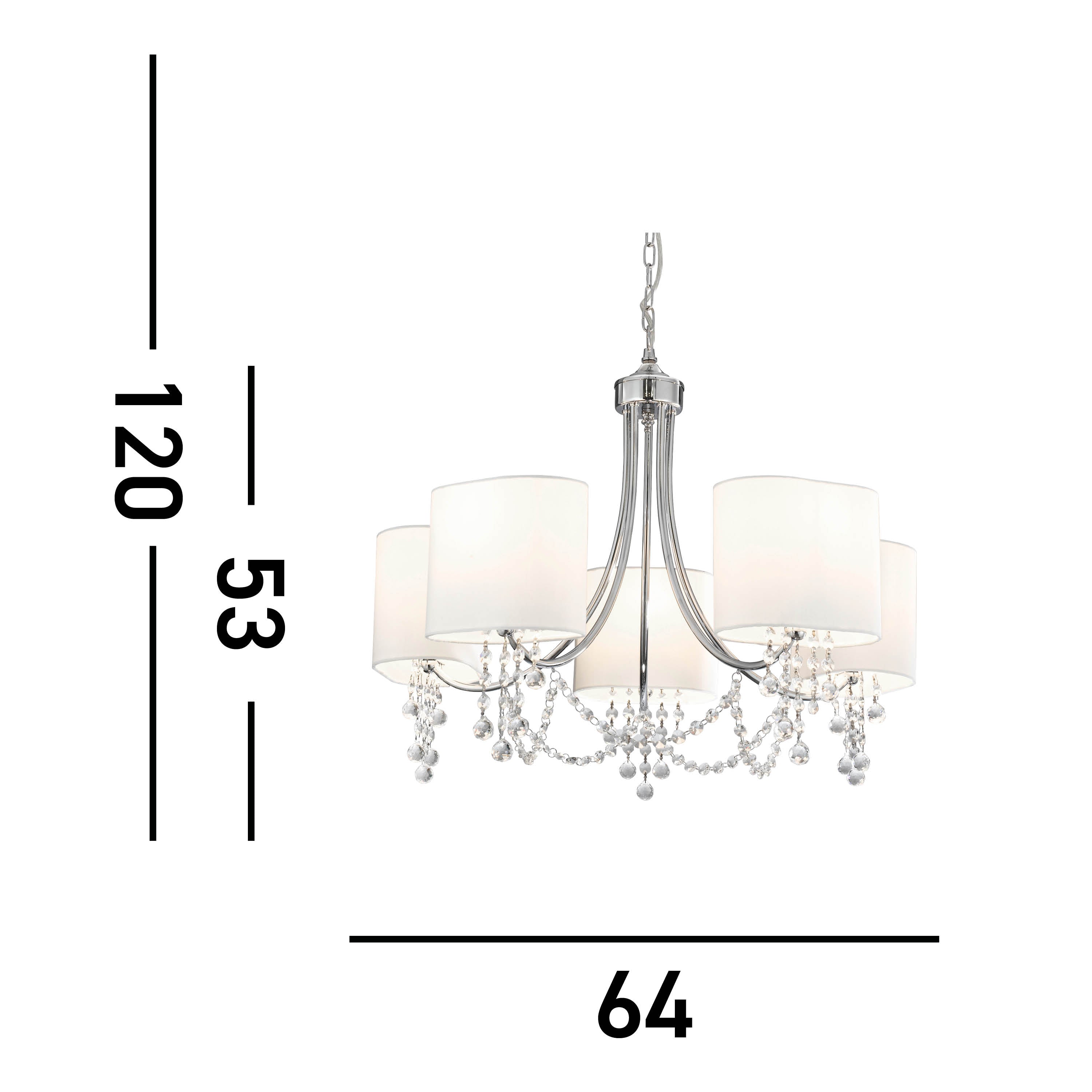 Searchlight Netley - 5 Light Ceiling, Chrome, Clear Crystal, White Shades