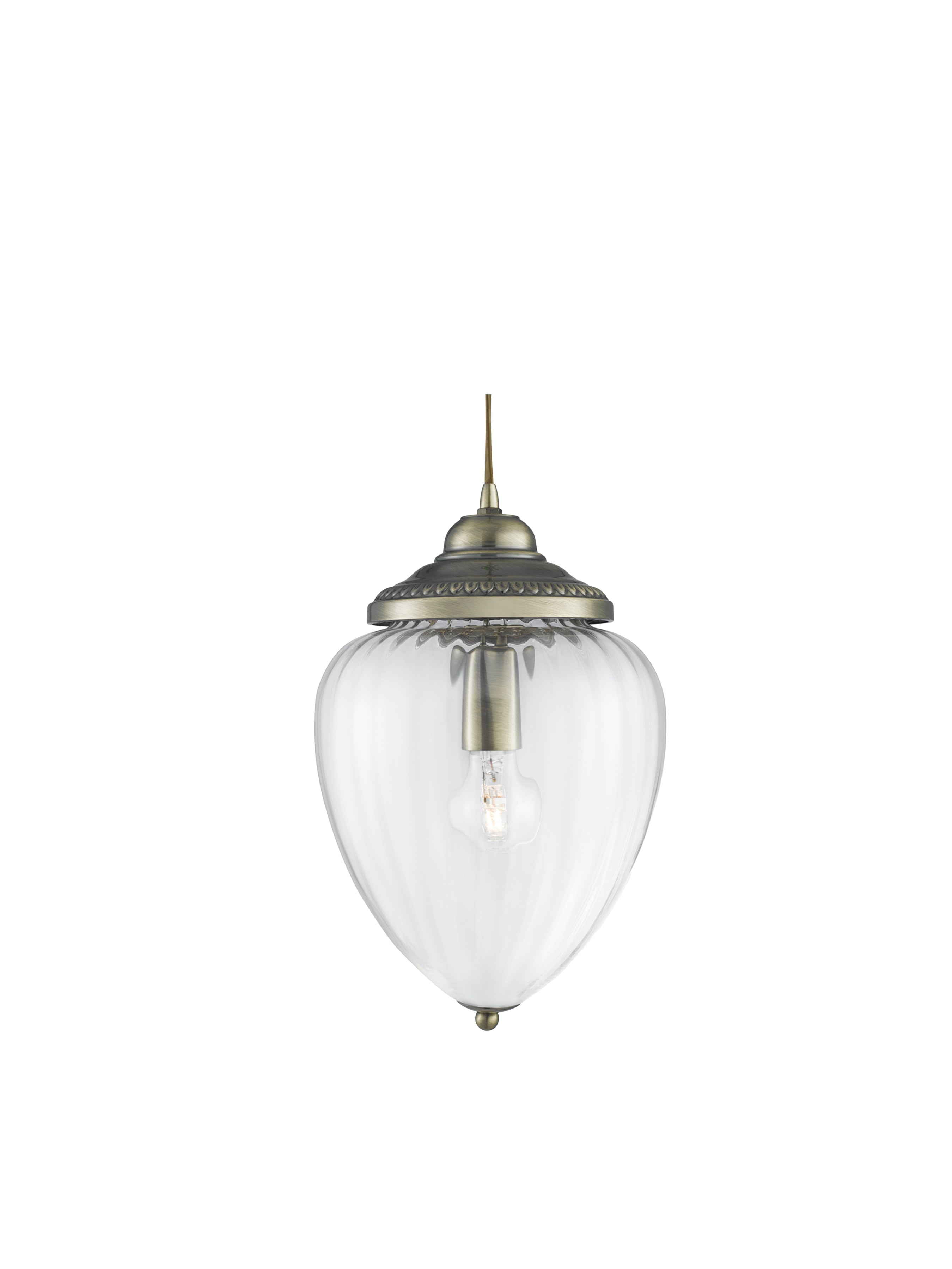 Searchlight Pembroke Single Pendant, Antique Brass, Clear Ribbed Glass