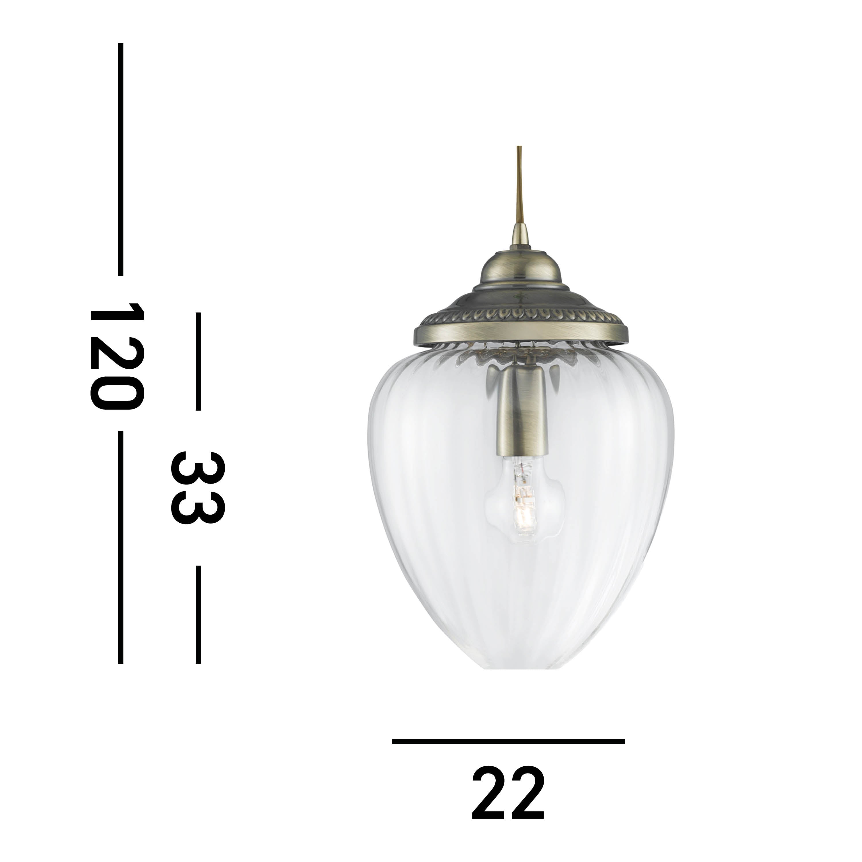 Searchlight Pembroke Single Pendant, Antique Brass, Clear Ribbed Glass