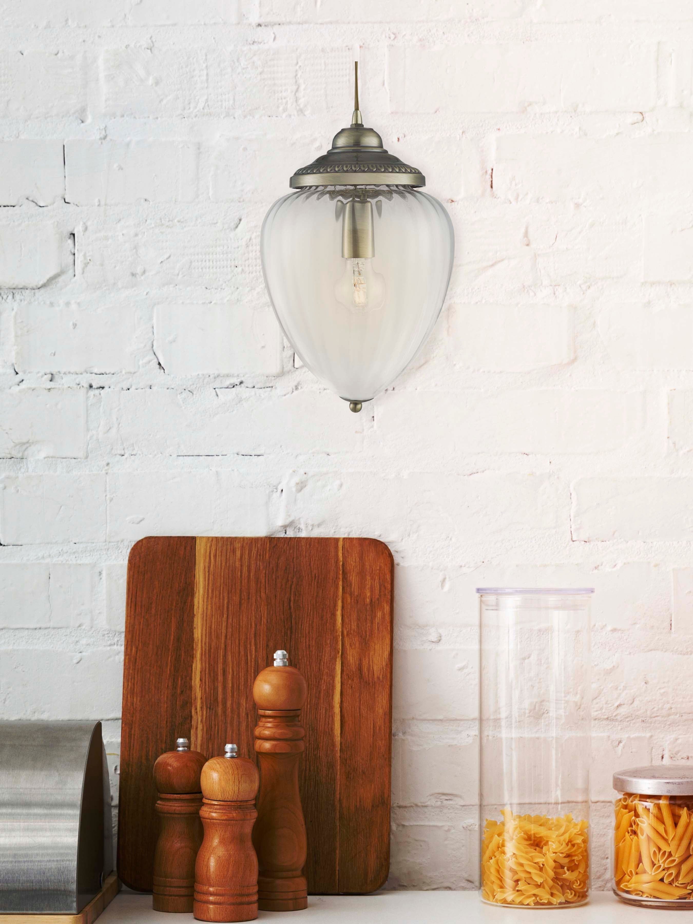 Searchlight Pembroke Single Pendant, Antique Brass, Clear Ribbed Glass