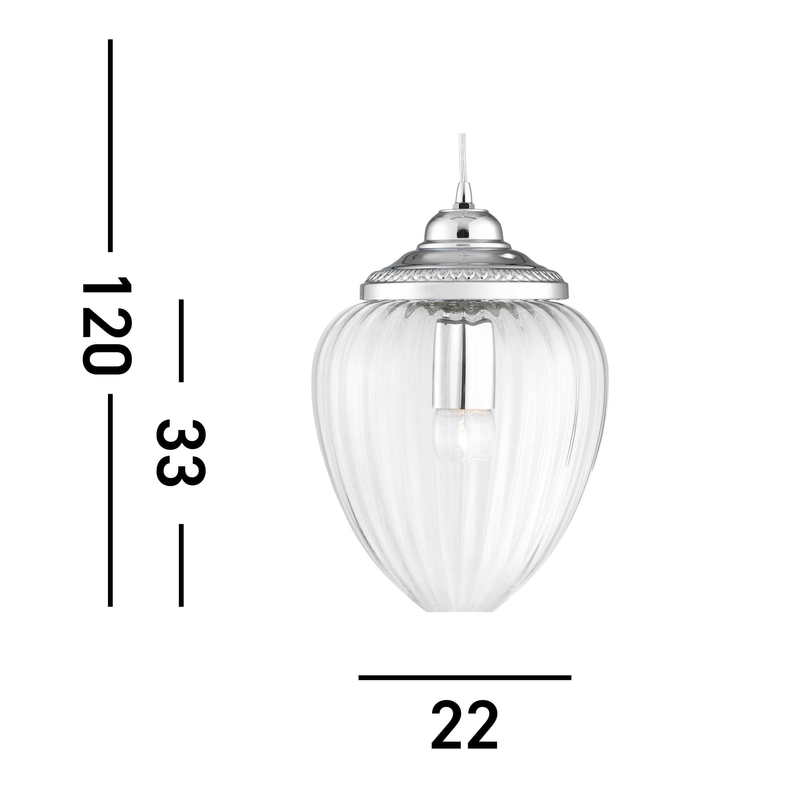 Searchlight Pembroke Single Pendant, Chrome, Clear Ribbed Glass