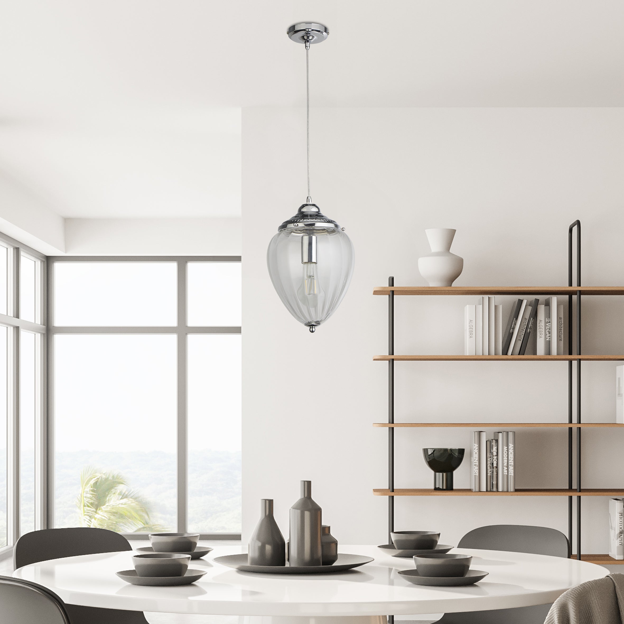 Searchlight Pembroke Single Pendant, Chrome, Clear Ribbed Glass