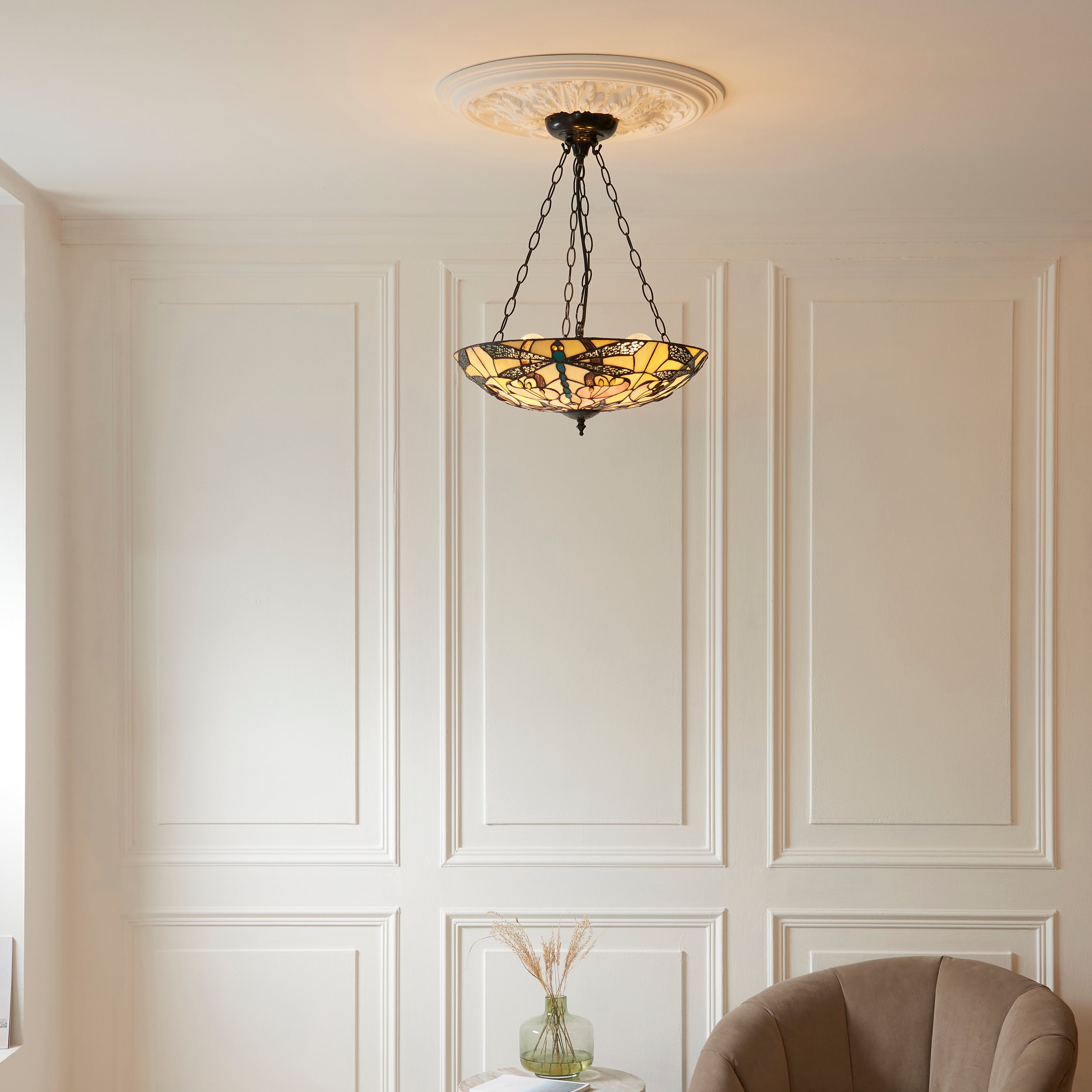 Interiors 1900 Ashton Large Inverted 3 Light Pendant - Handcrafted Tiffany Style Glass