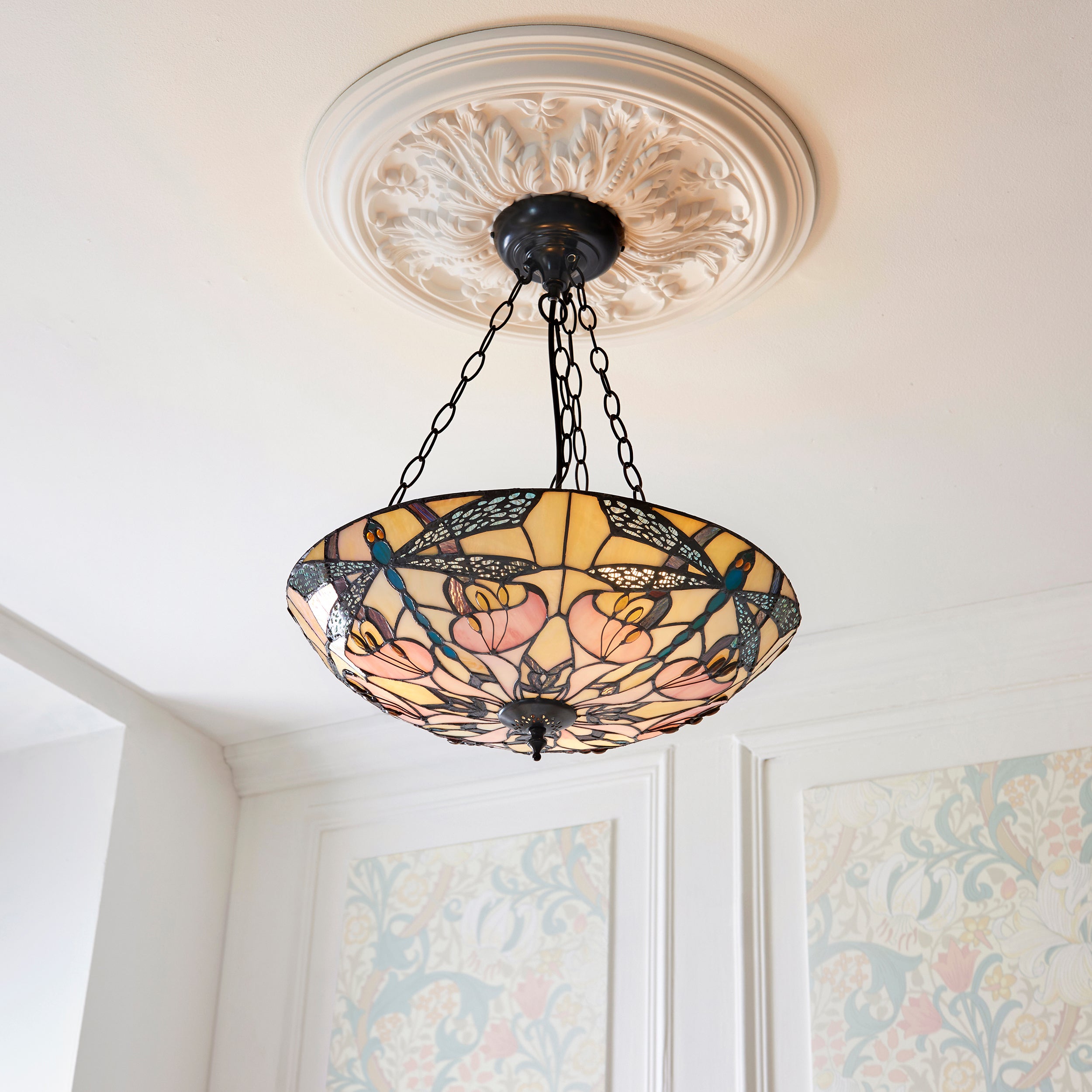 Interiors 1900 Ashton Large Inverted 3 Light Pendant - Handcrafted Tiffany Style Glass