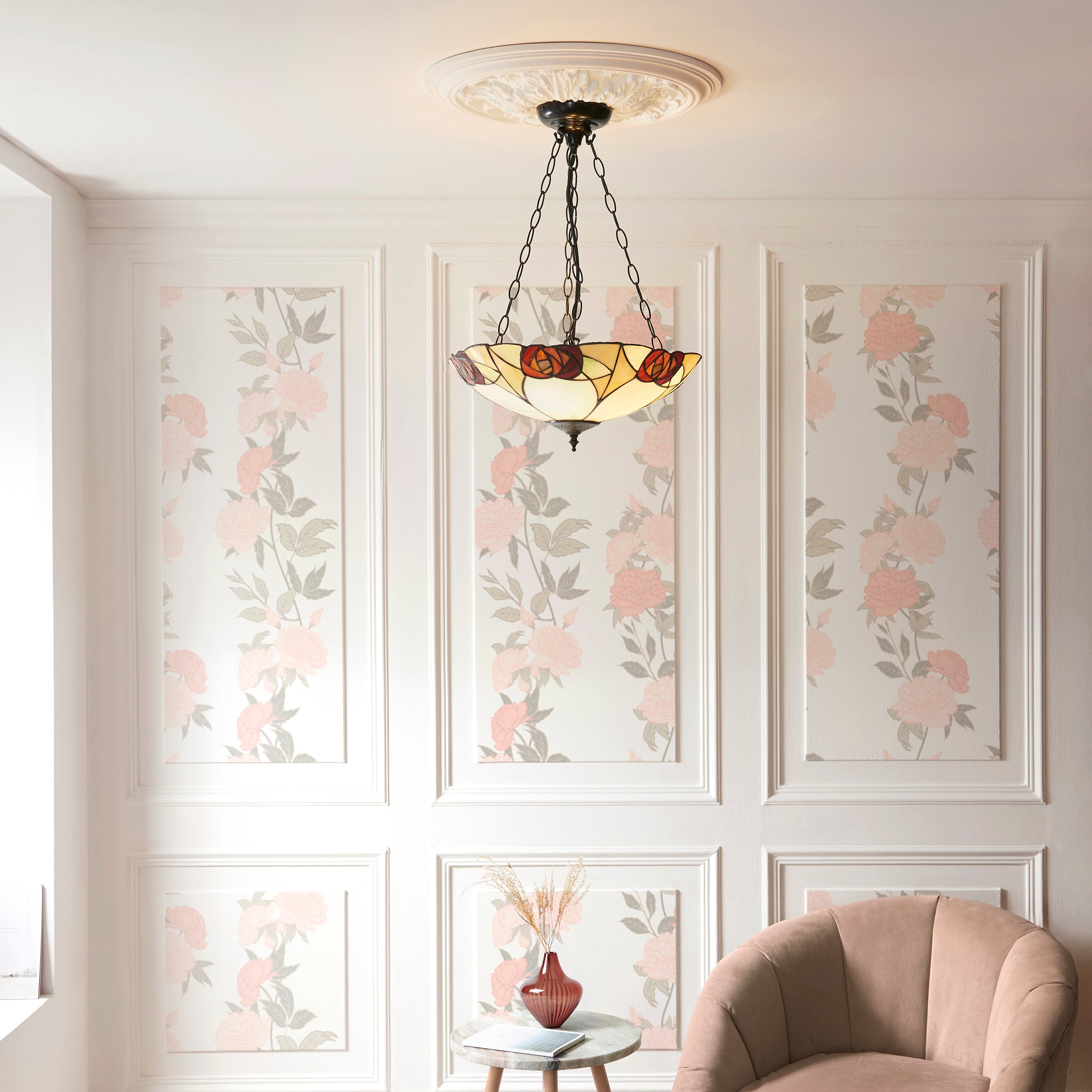 Interiors 1900 Ingram Large Inverted 3 Light Pendant - Handcrafted Tiffany Style Glass