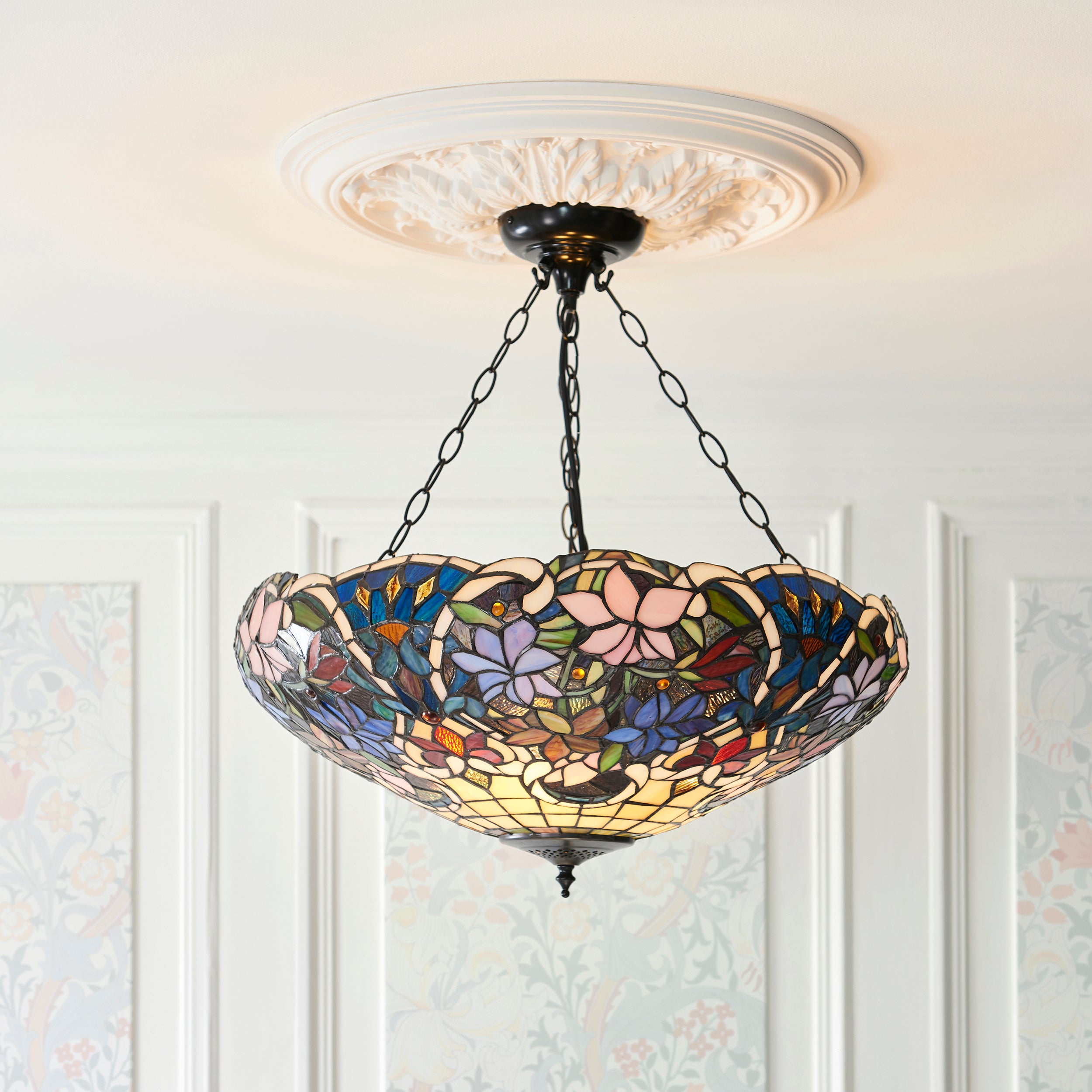 Interiors 1900 Sullivan 3 Light Inverted Pendant - Handcrafted Tiffany Style Glass