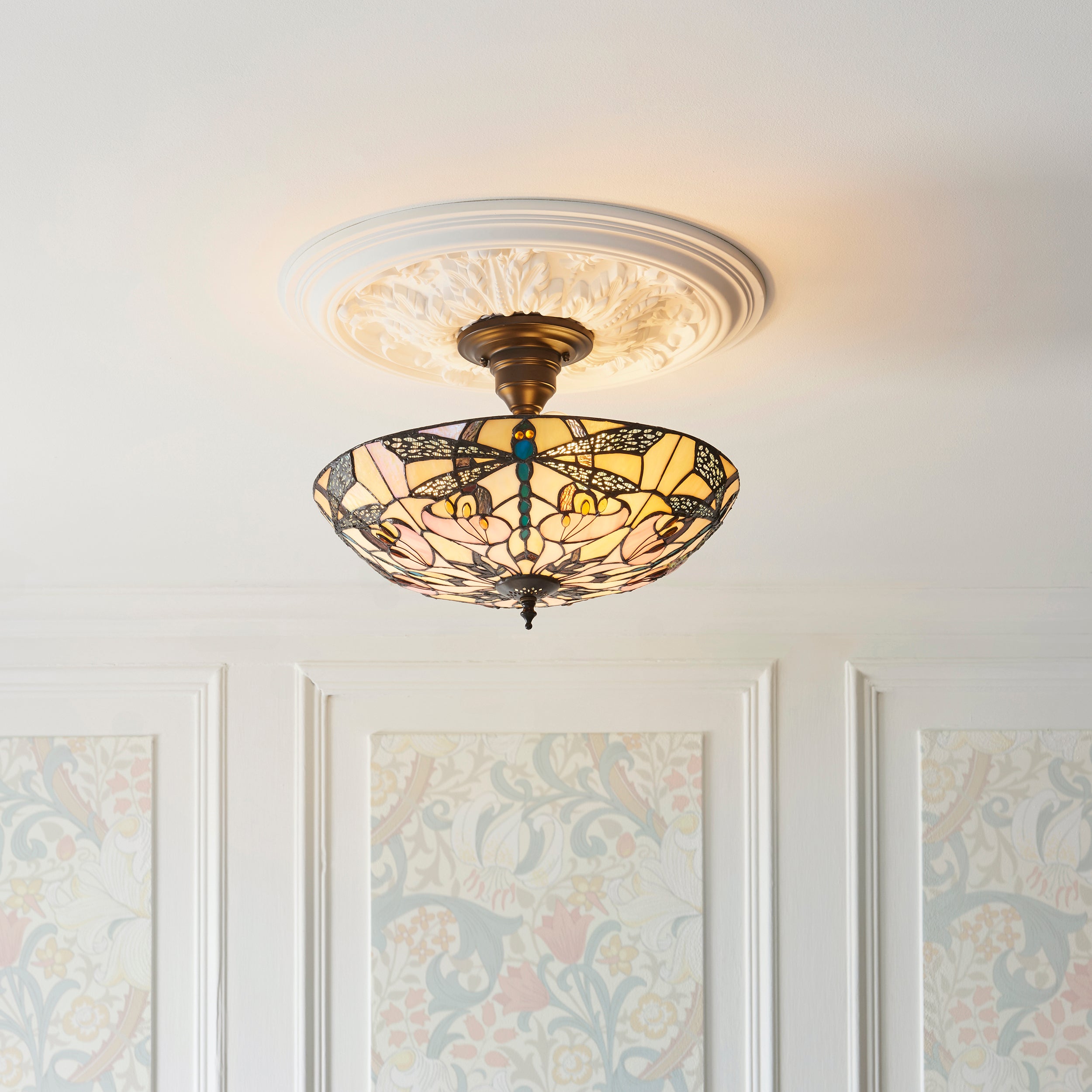 Interiors 1900 Ashton 3 Light Semi Flush Pendant - Handcrafted Tiffany Style Glass