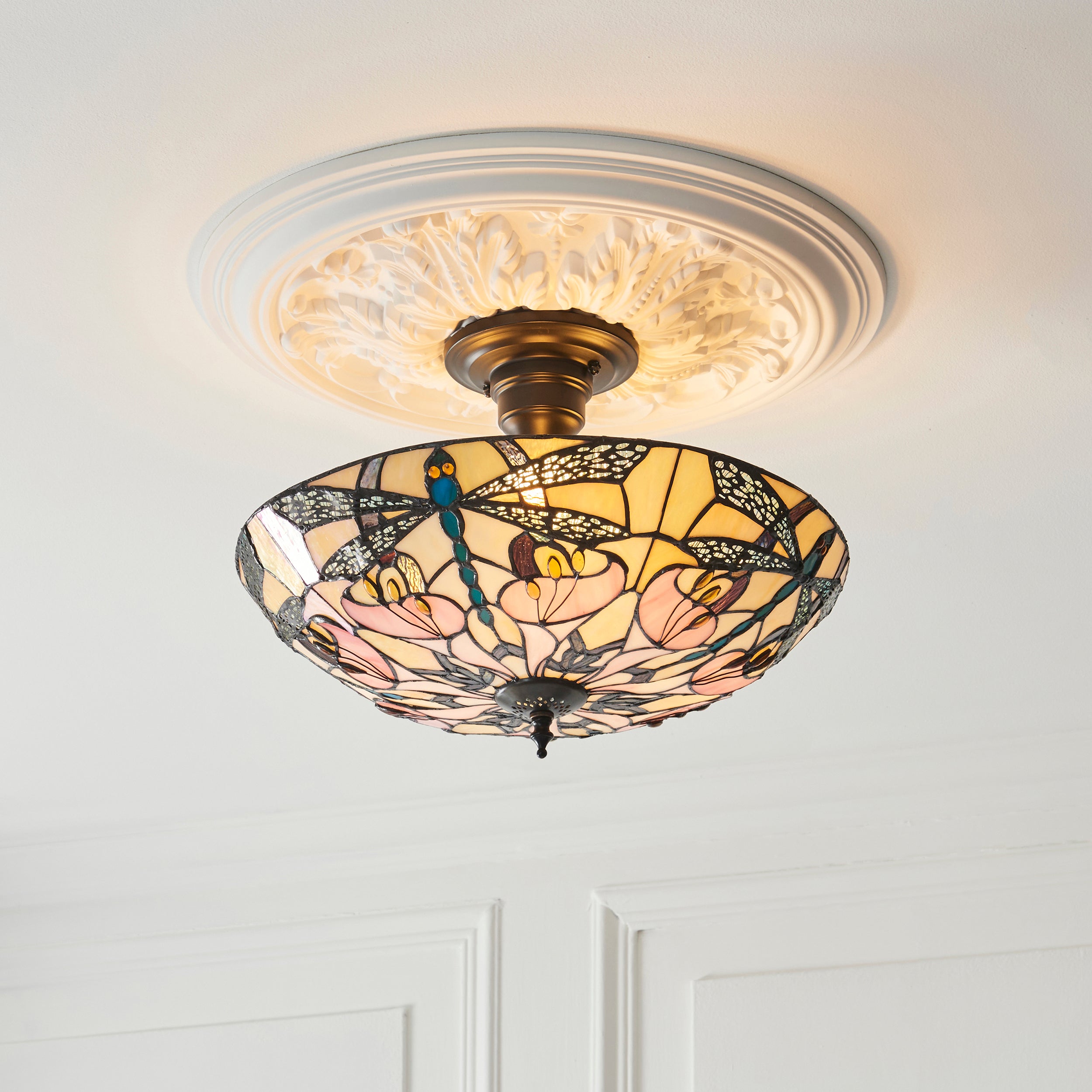 Interiors 1900 Ashton 3 Light Semi Flush Pendant - Handcrafted Tiffany Style Glass