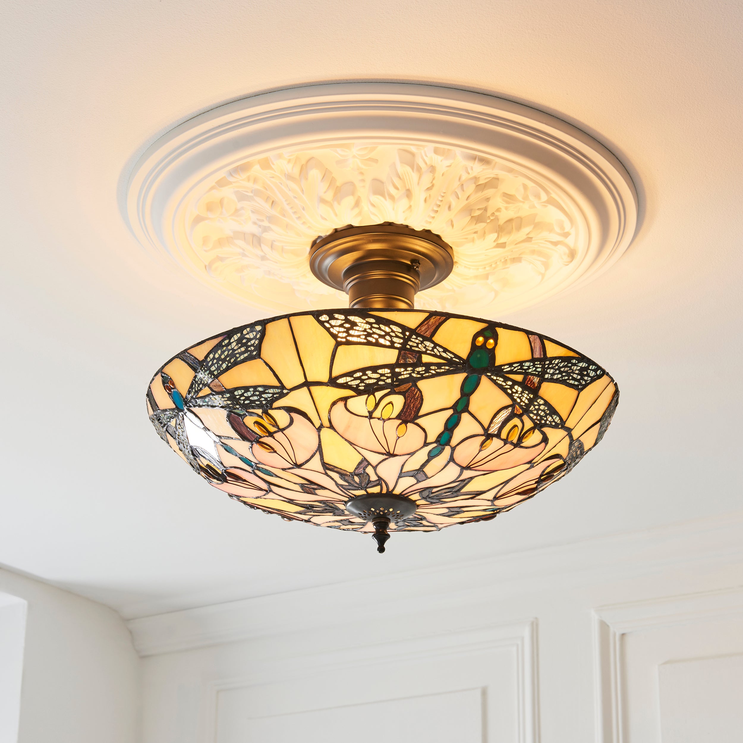 Interiors 1900 Ashton 3 Light Semi Flush Pendant - Handcrafted Tiffany Style Glass