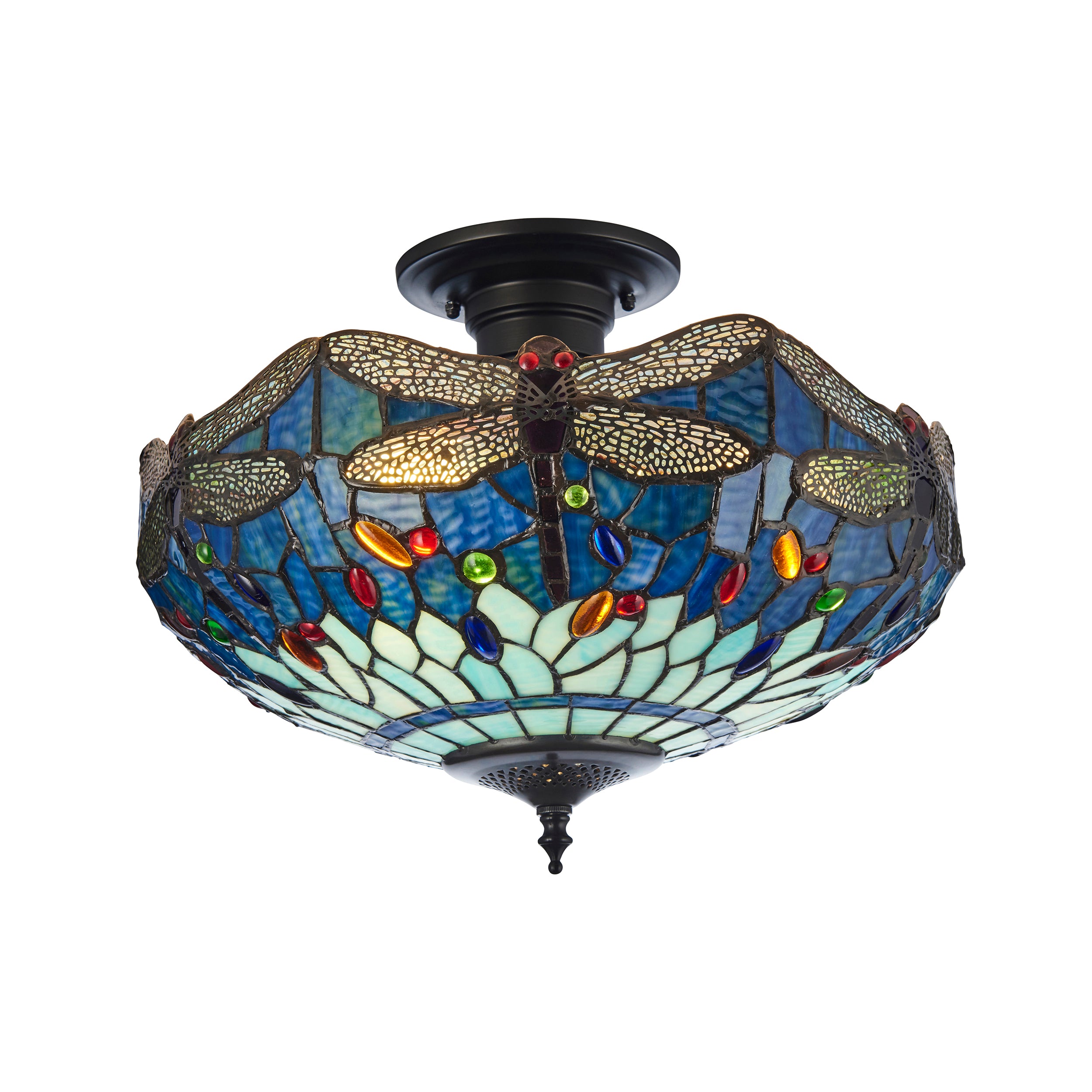 Interiors 1900 Dragonfly Blue 3 Light Semi Flush Pendant -Handcrafted Tiffany Style Glass