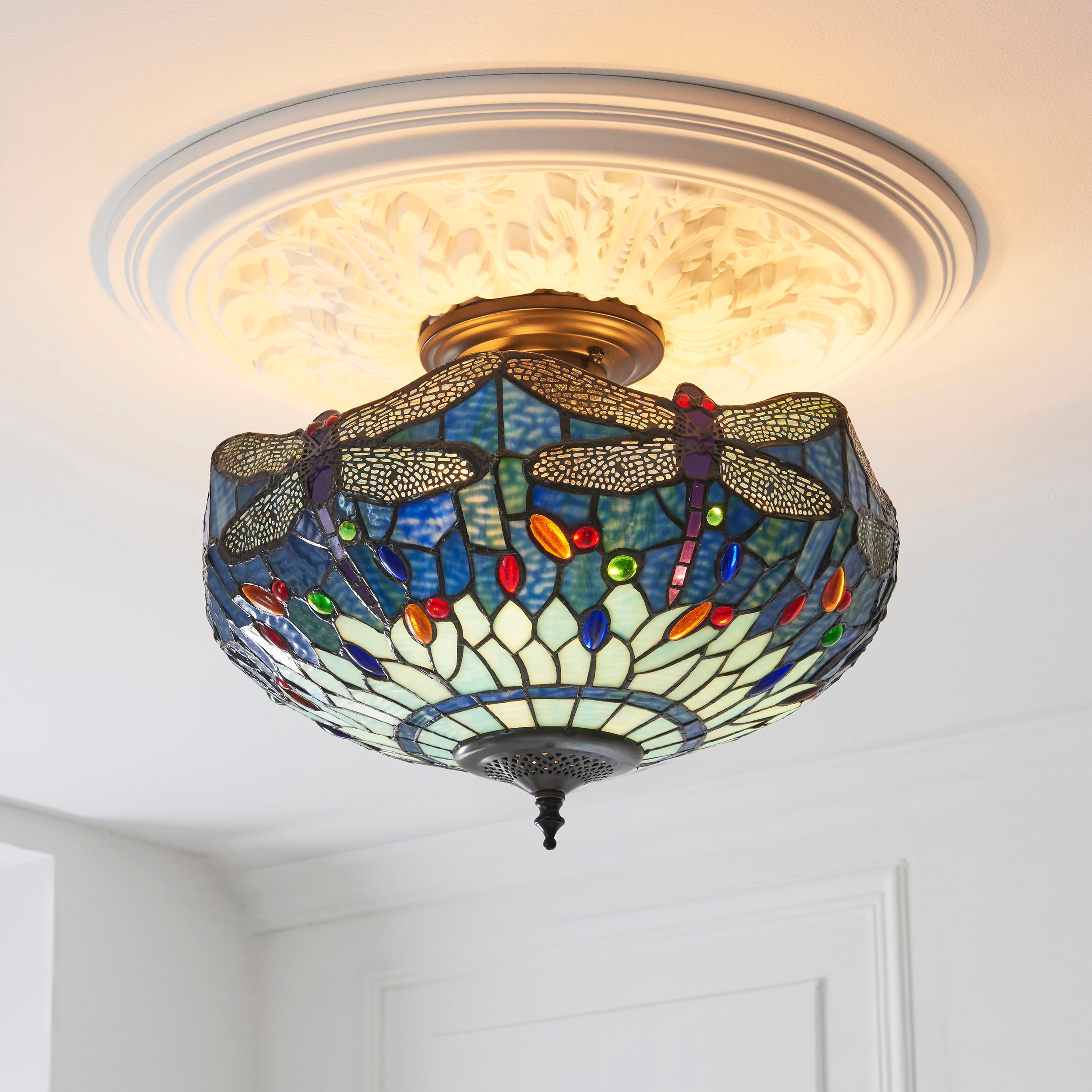 Interiors 1900 Dragonfly Blue 3 Light Semi Flush Pendant -Handcrafted Tiffany Style Glass