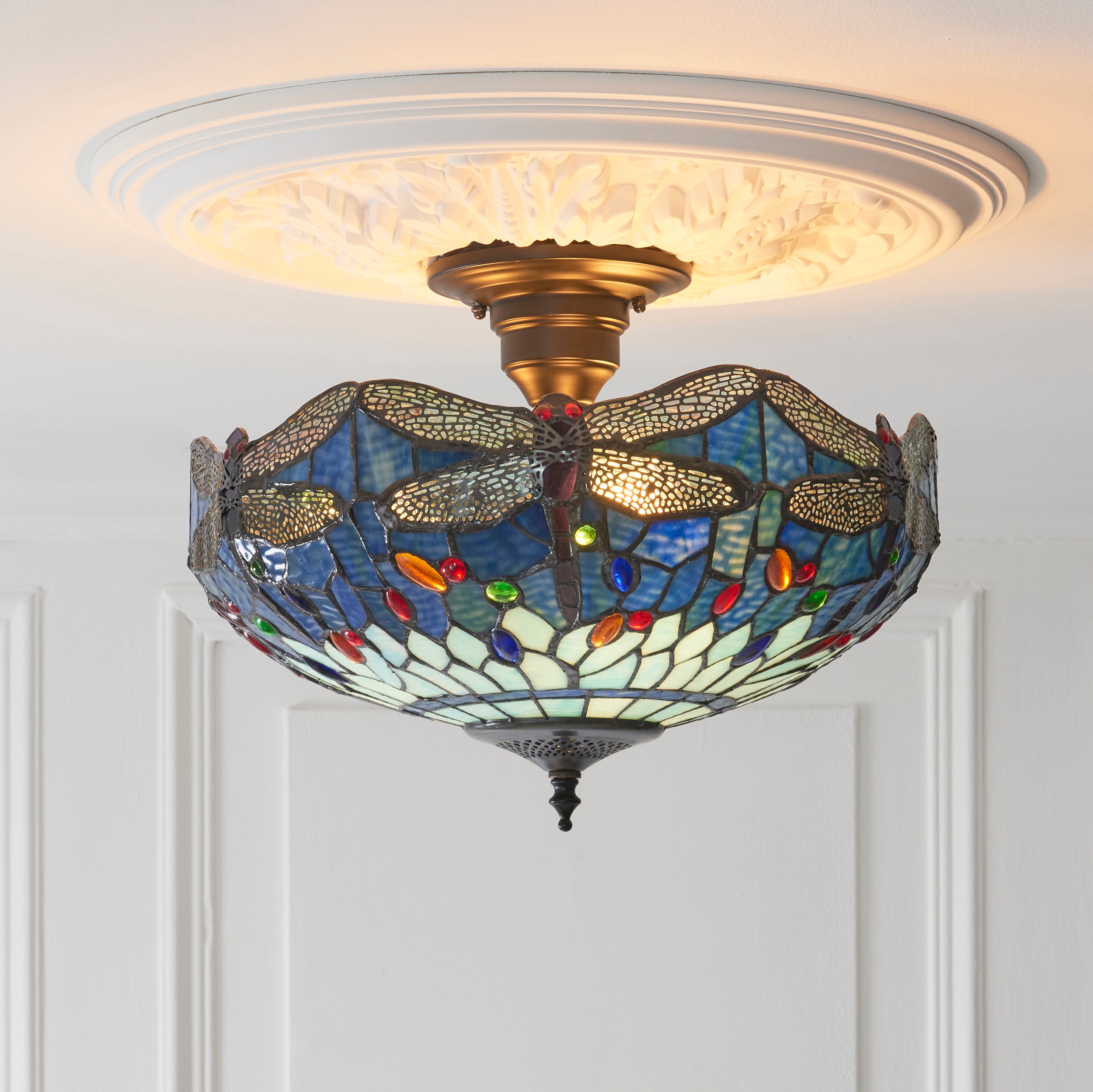Interiors 1900 Dragonfly Blue 3 Light Semi Flush Pendant -Handcrafted Tiffany Style Glass