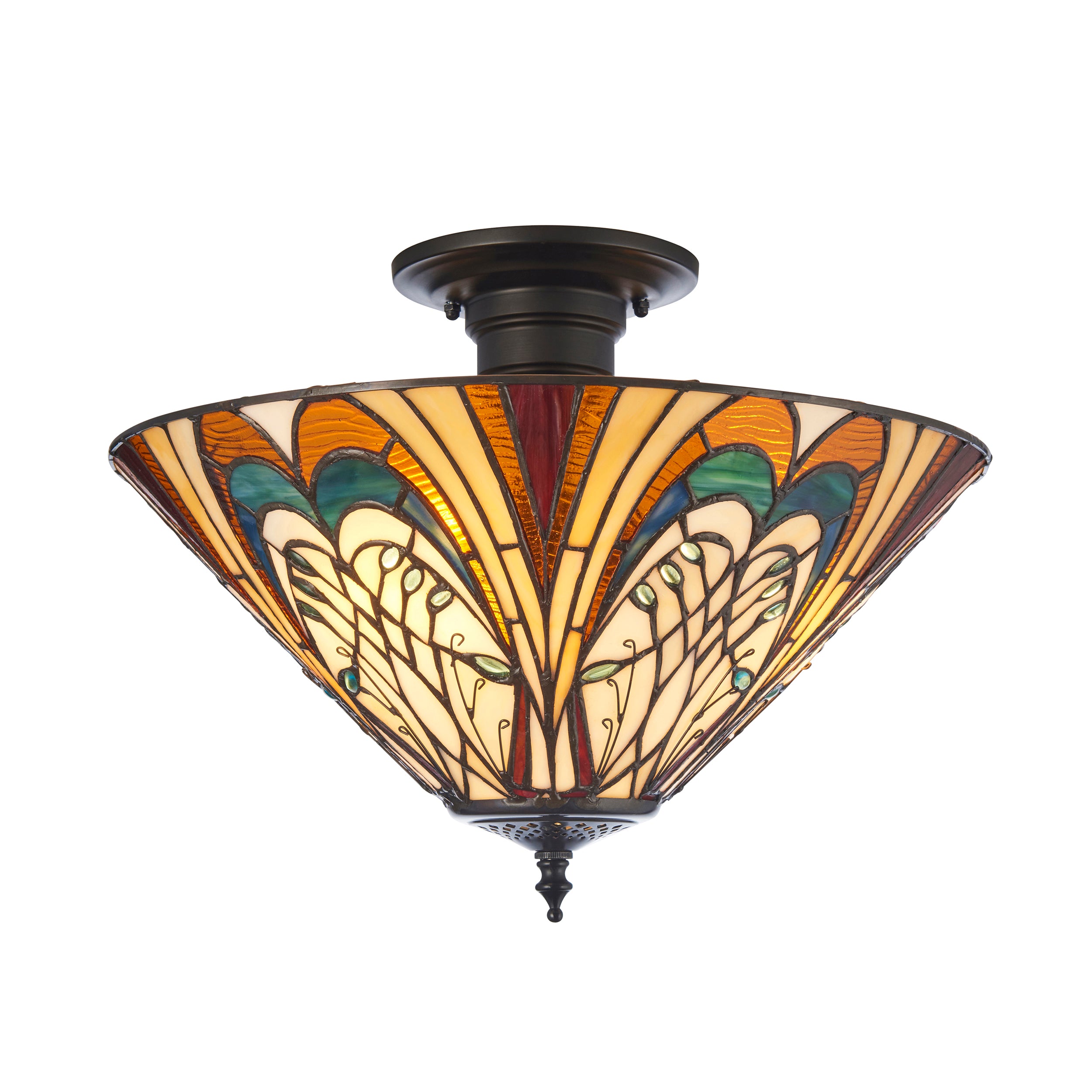 Interiors 1900 Hector 3 Light Semi Flush Pendant -Handcrafted Tiffany Style Glass