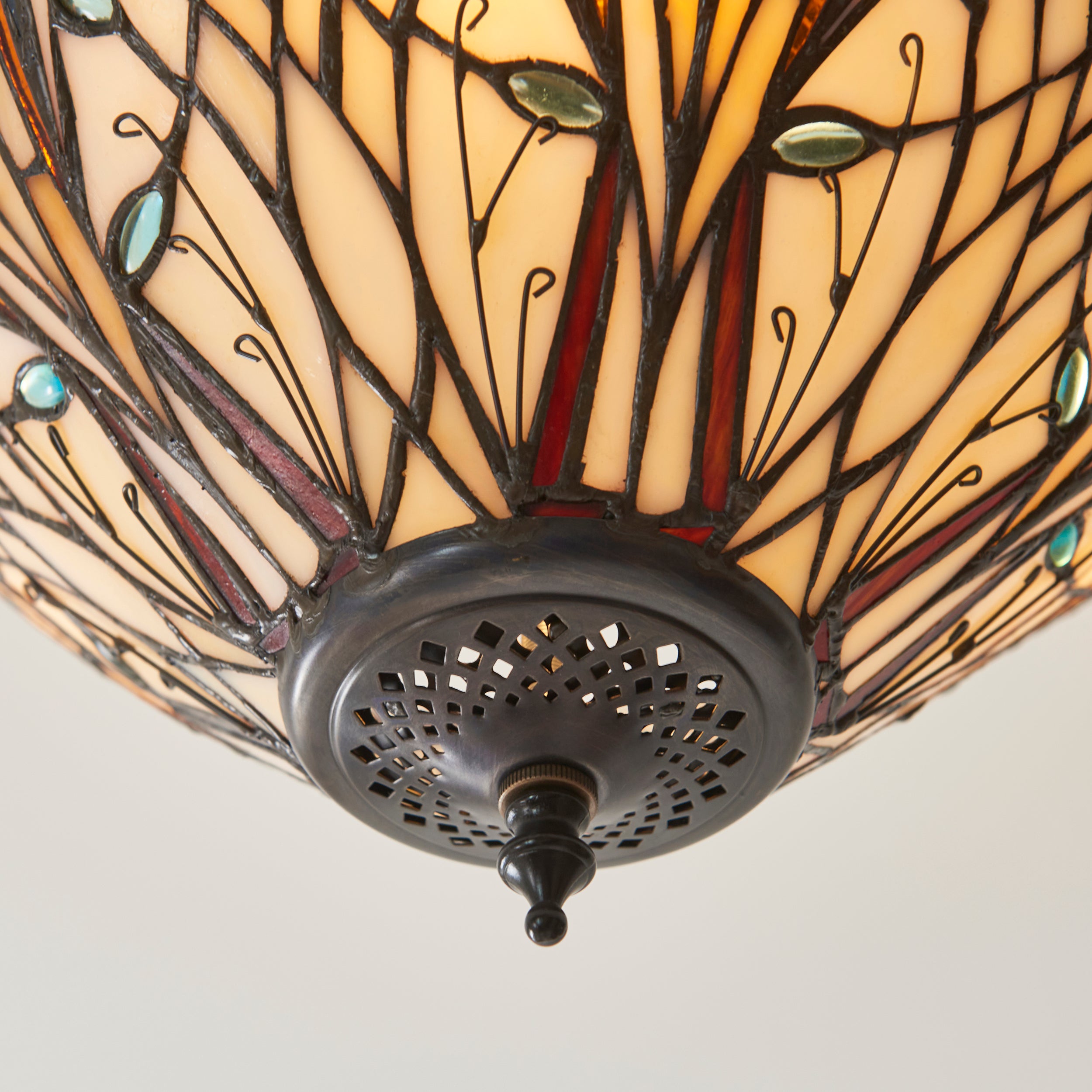 Interiors 1900 Hector 3 Light Semi Flush Pendant -Handcrafted Tiffany Style Glass