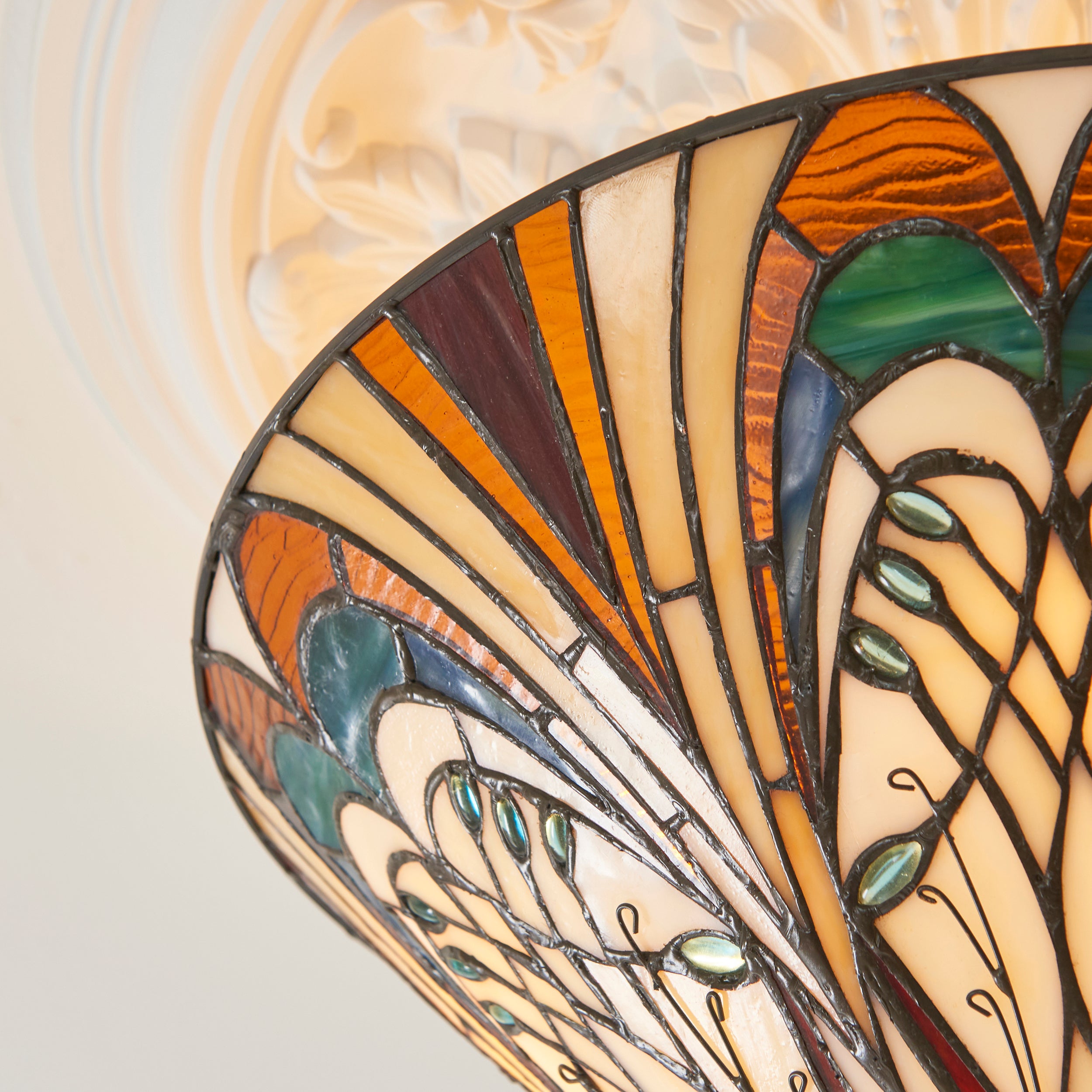 Interiors 1900 Hector 3 Light Semi Flush Pendant -Handcrafted Tiffany Style Glass