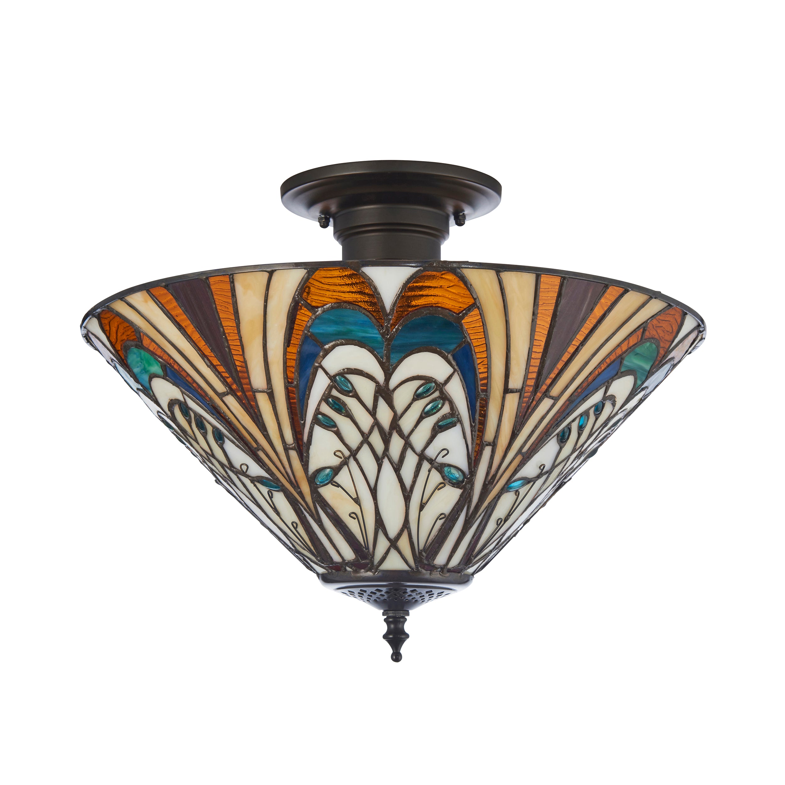 Interiors 1900 Hector 3 Light Semi Flush Pendant -Handcrafted Tiffany Style Glass