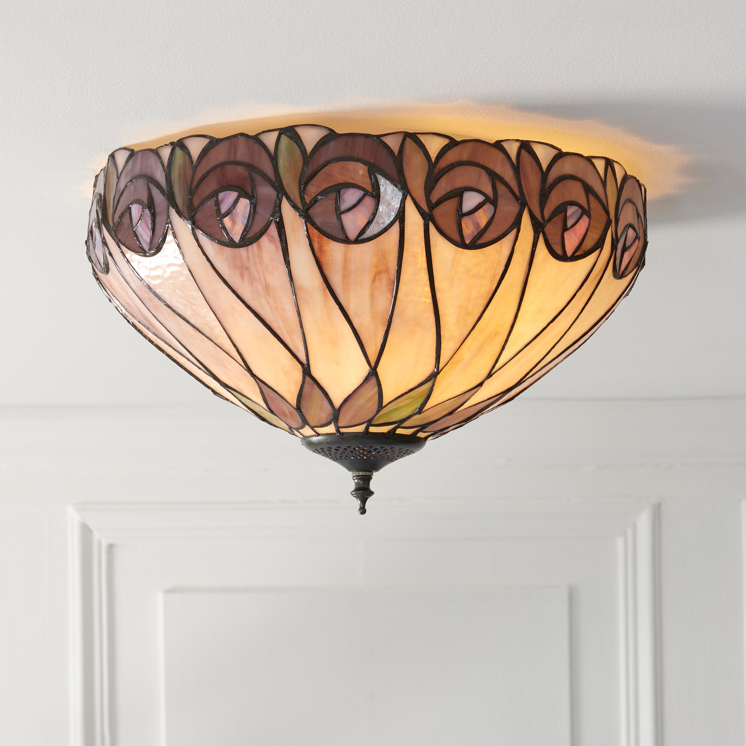Interiors 1900 Hutchinson Medium 2 Light Flush Fitting Pendant -Handcrafted Tiffany Style Glass