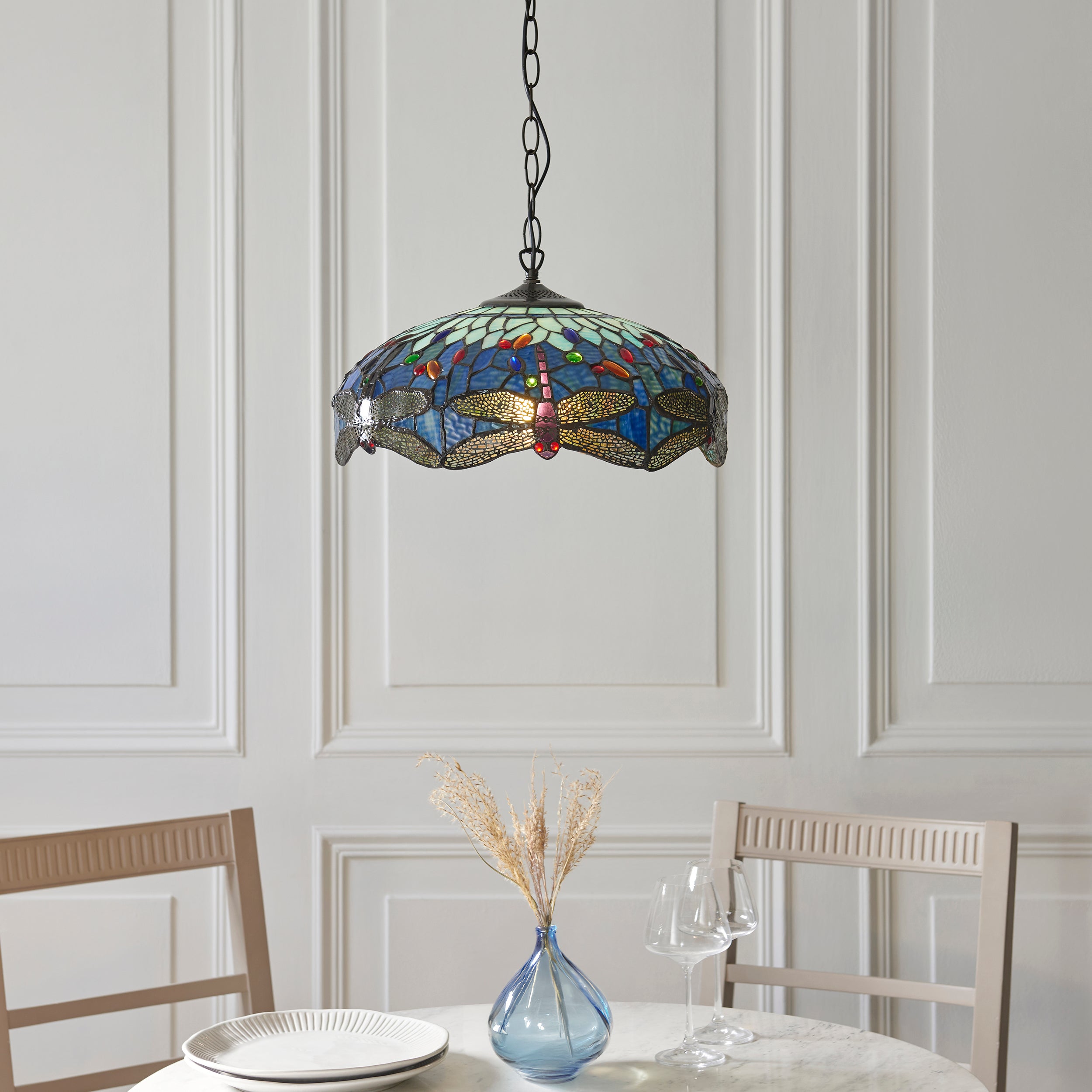 Interiors 1900 Dragonfly Blue Medium Pendant - Handcrafted Tiffany Style Glass