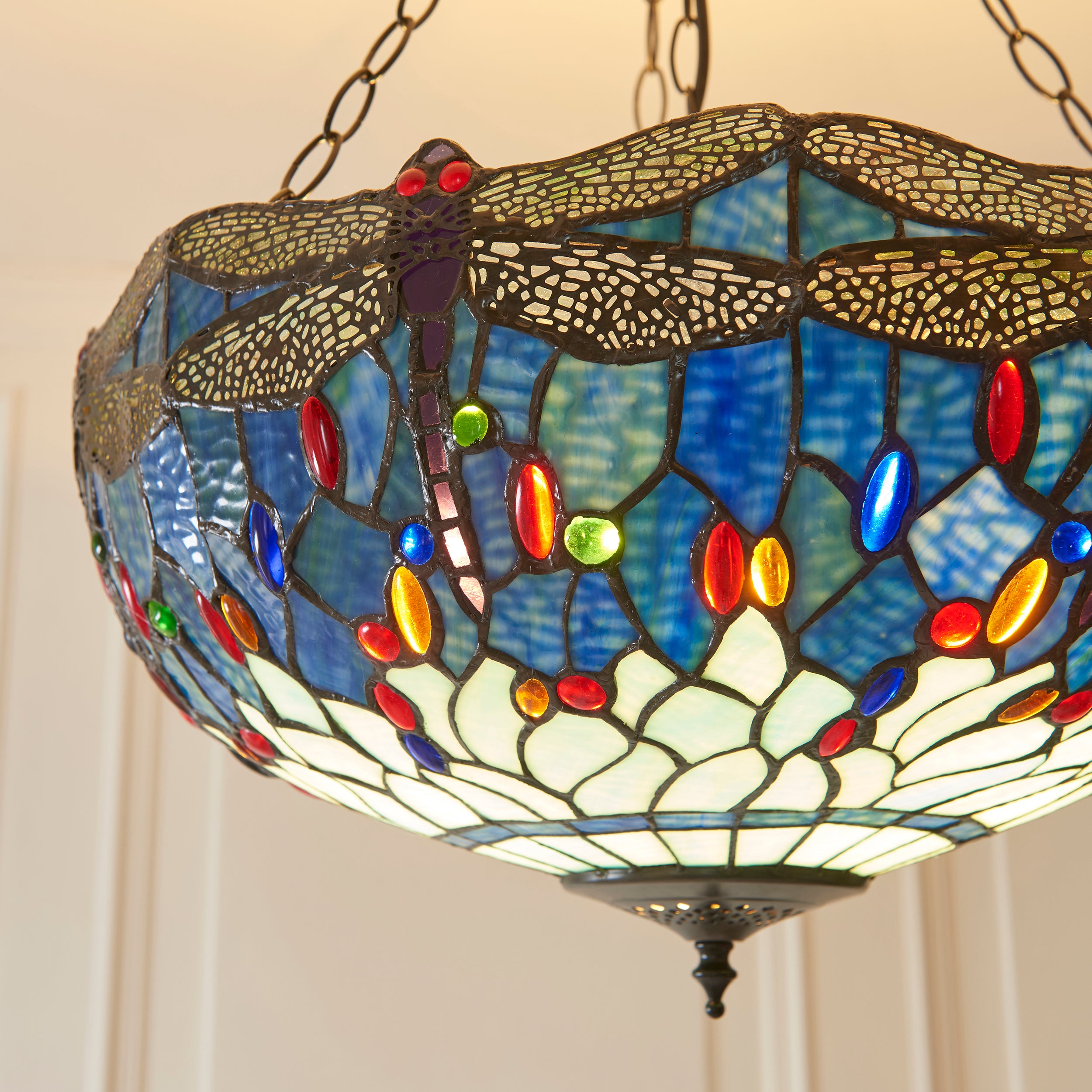 Interiors 1900 Dragonfly Blue Large Inverted 3 Light Pendant - Handcrafted Tiffany Style Glass