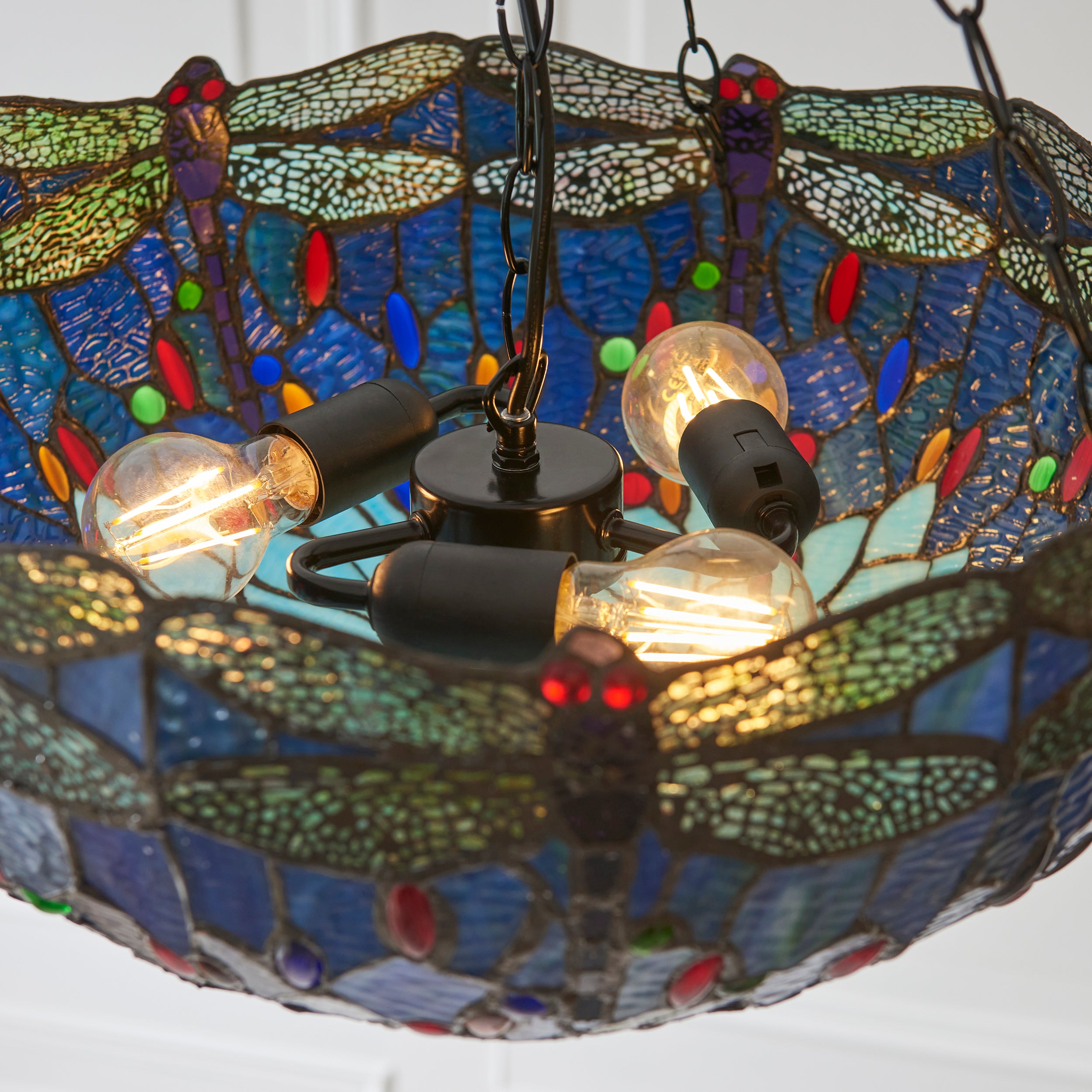 Interiors 1900 Dragonfly Blue Large Inverted 3 Light Pendant - Handcrafted Tiffany Style Glass