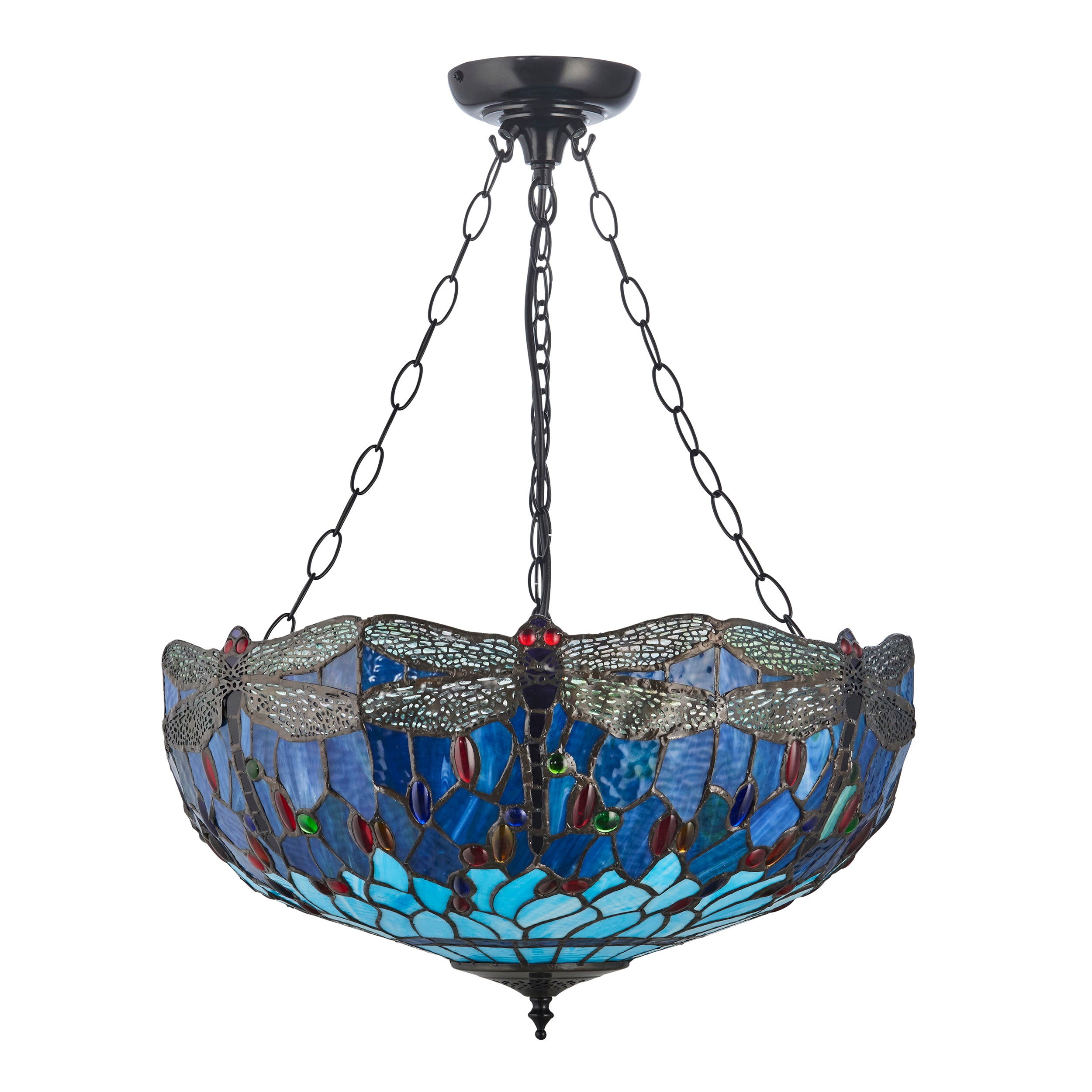 Interiors 1900 Dragonfly Blue Large Inverted 3 Light Pendant - Handcrafted Tiffany Style Glass