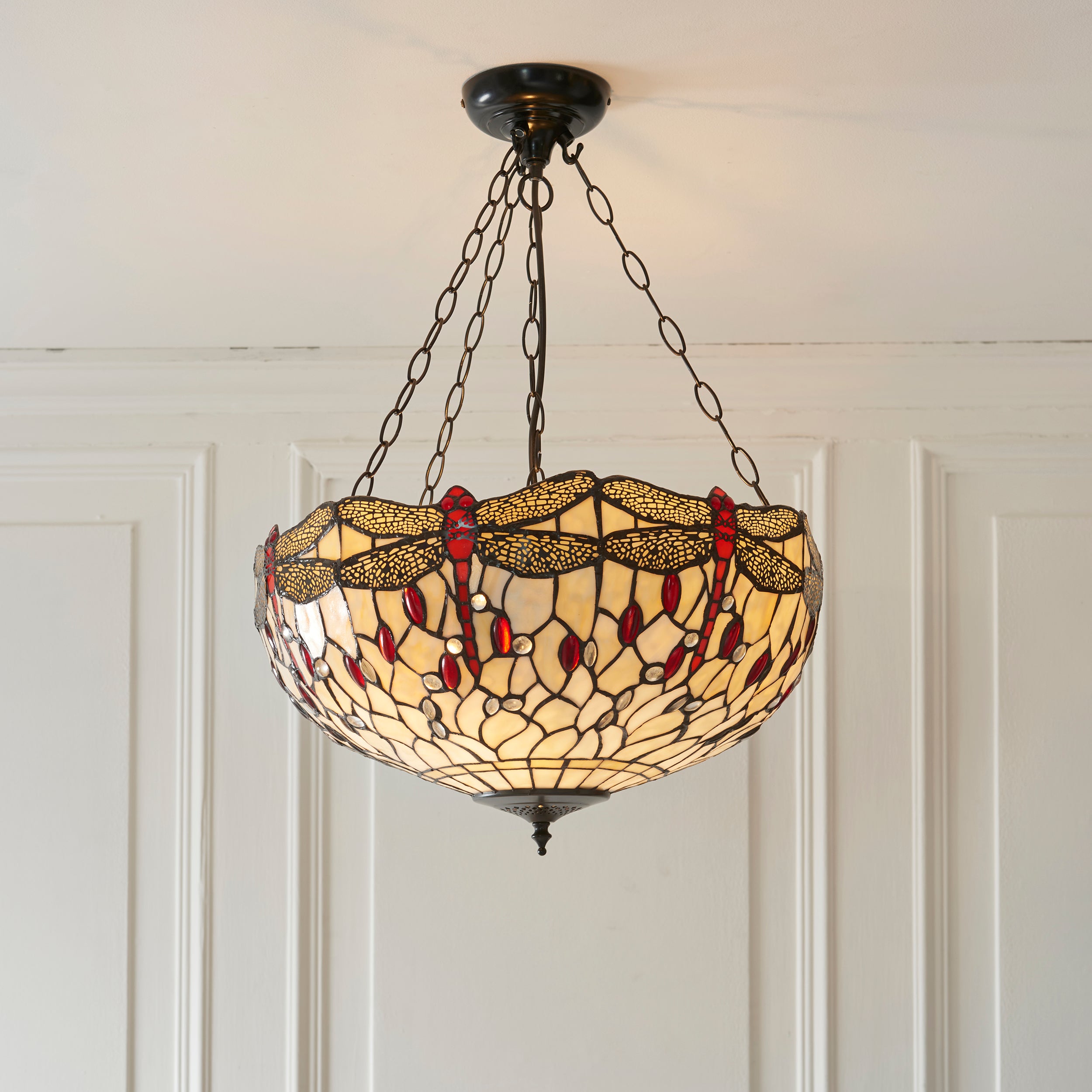 Interiors 1900 Dragonfly Beige Large Inverted 3 Light Pendant - Handcrafted Tiffany Style Glass