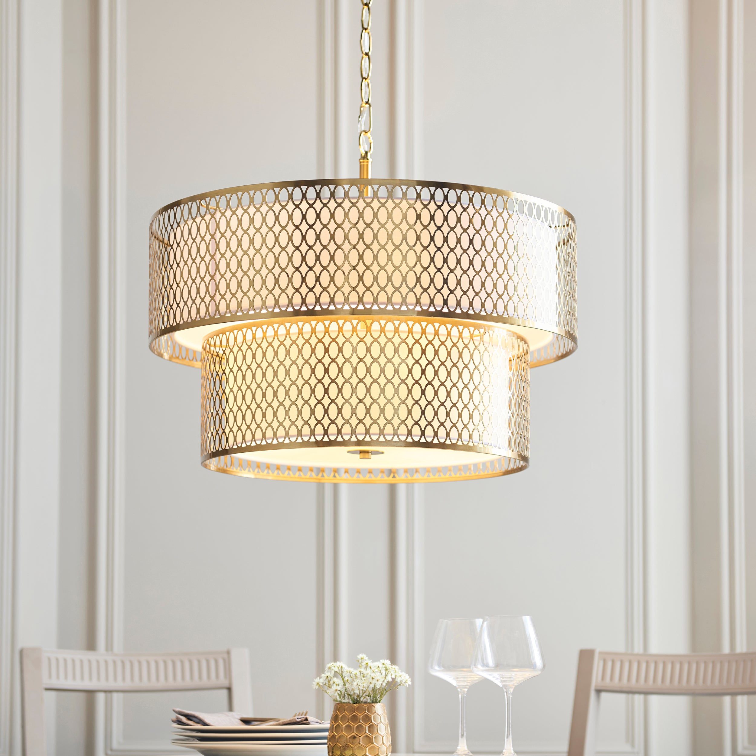 Endon Cordero 6 Light Tiered Pendant - Gold Effect Plate, White Fabric & Frosted Glass