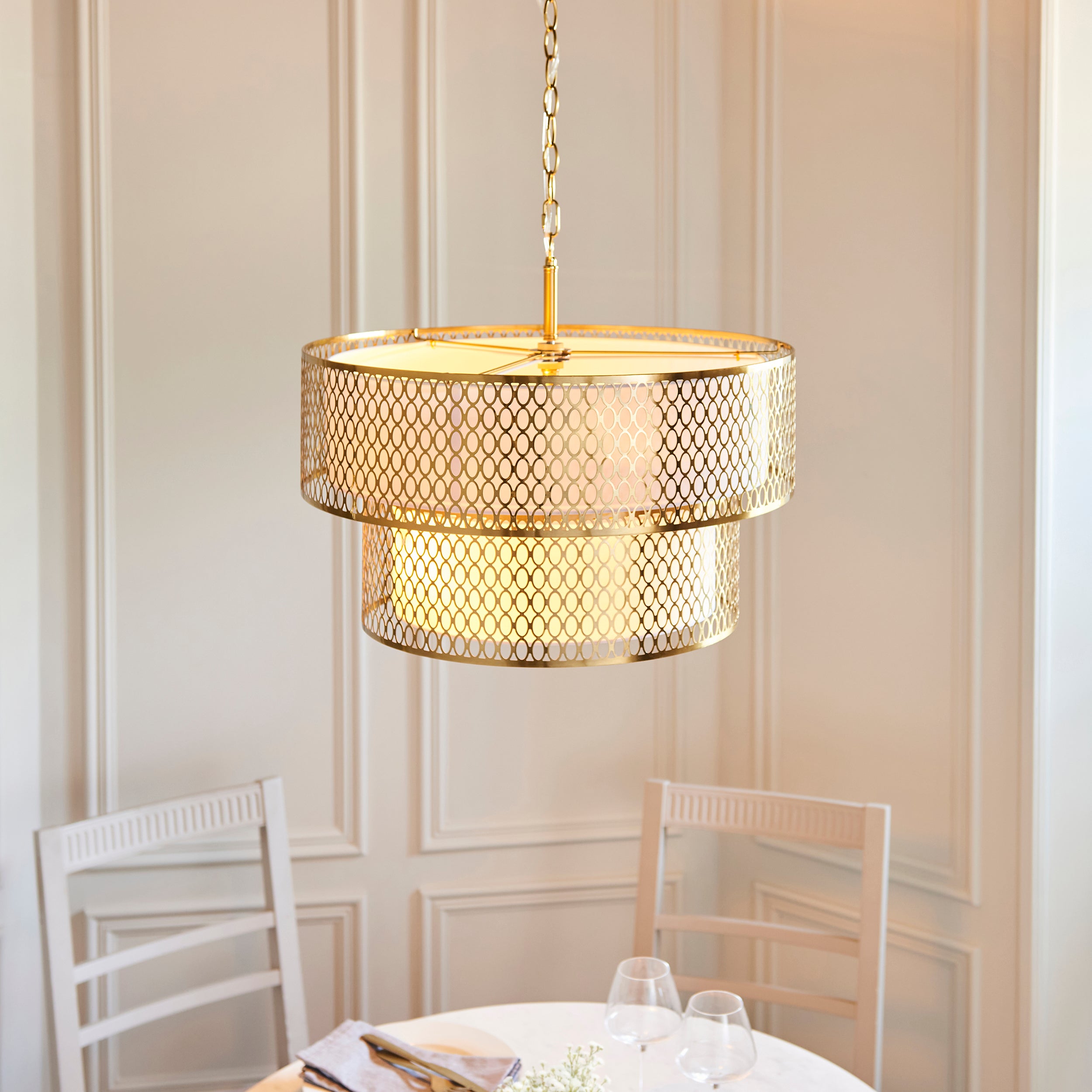 Endon Cordero 6 Light Tiered Pendant - Gold Effect Plate, White Fabric & Frosted Glass