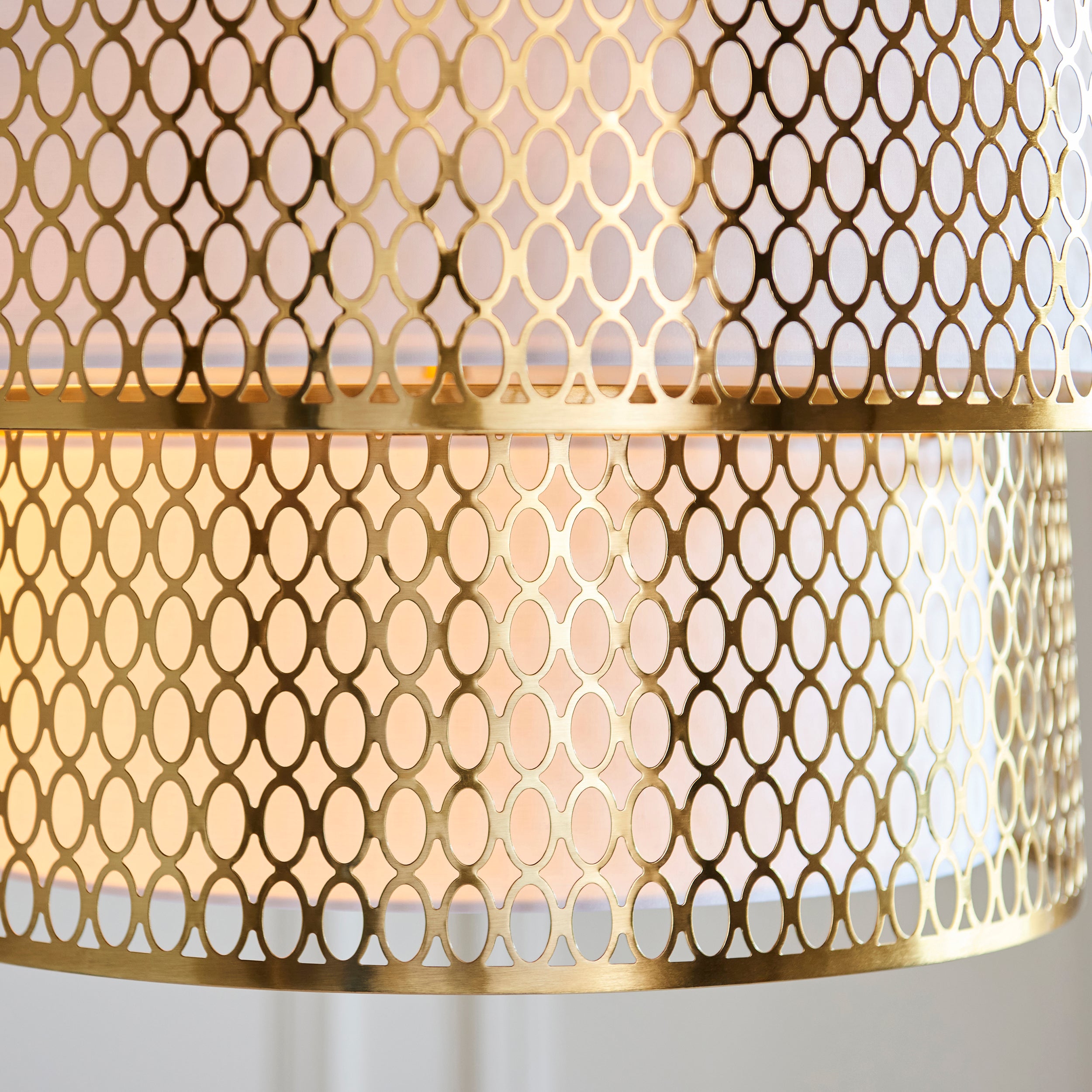 Endon Cordero 6 Light Tiered Pendant - Gold Effect Plate, White Fabric & Frosted Glass