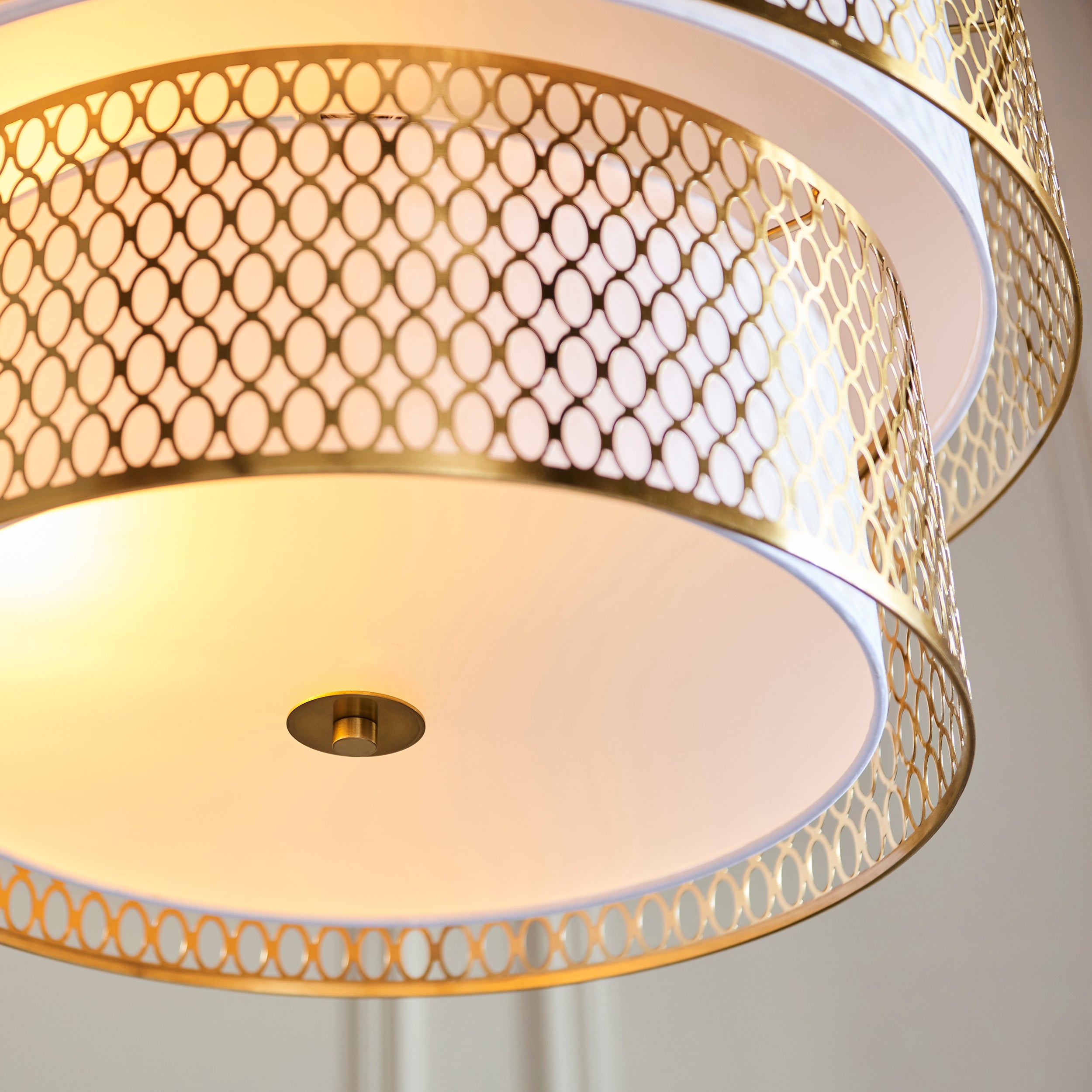 Endon Cordero 6 Light Tiered Pendant - Gold Effect Plate, White Fabric & Frosted Glass