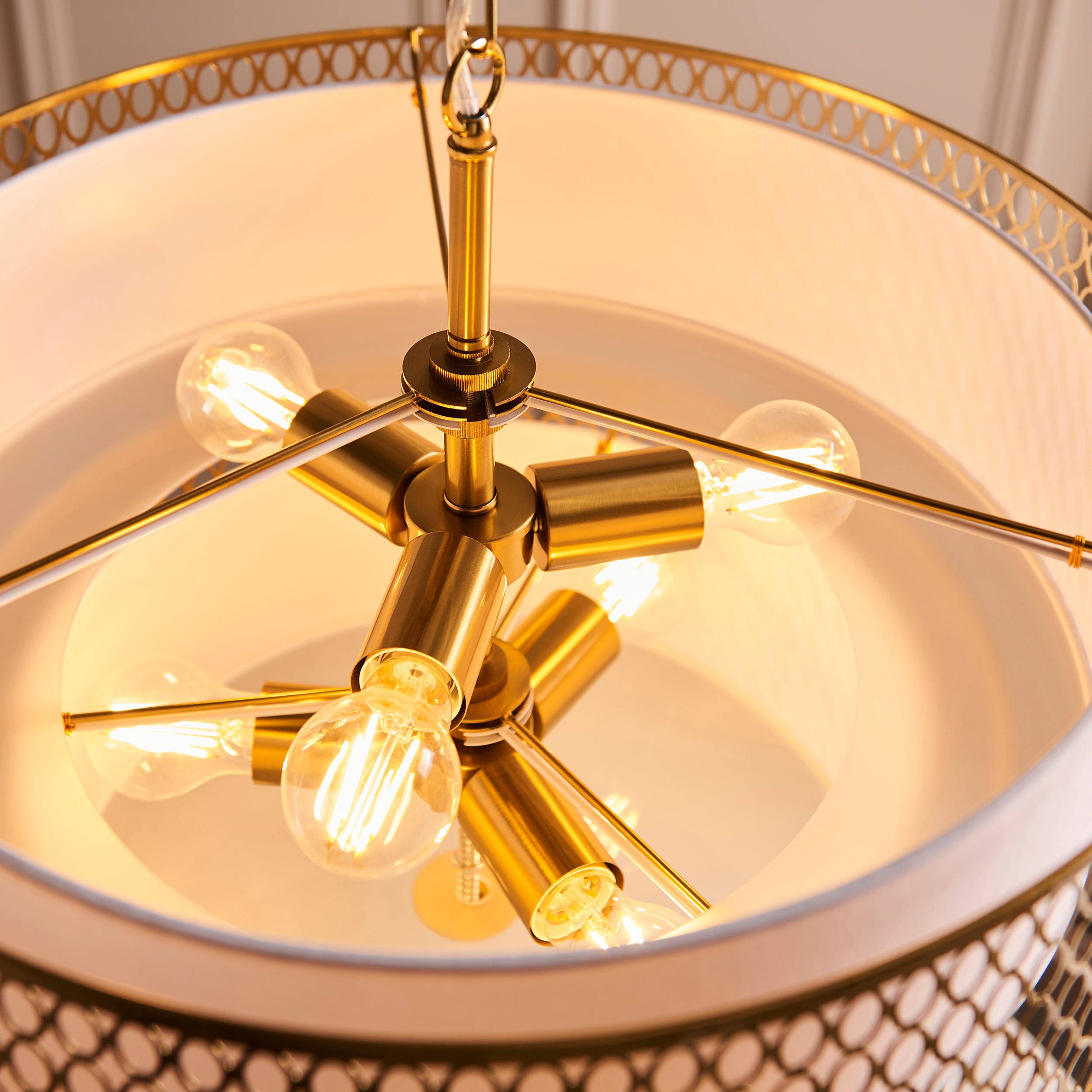 Endon Cordero 6 Light Tiered Pendant - Gold Effect Plate, White Fabric & Frosted Glass